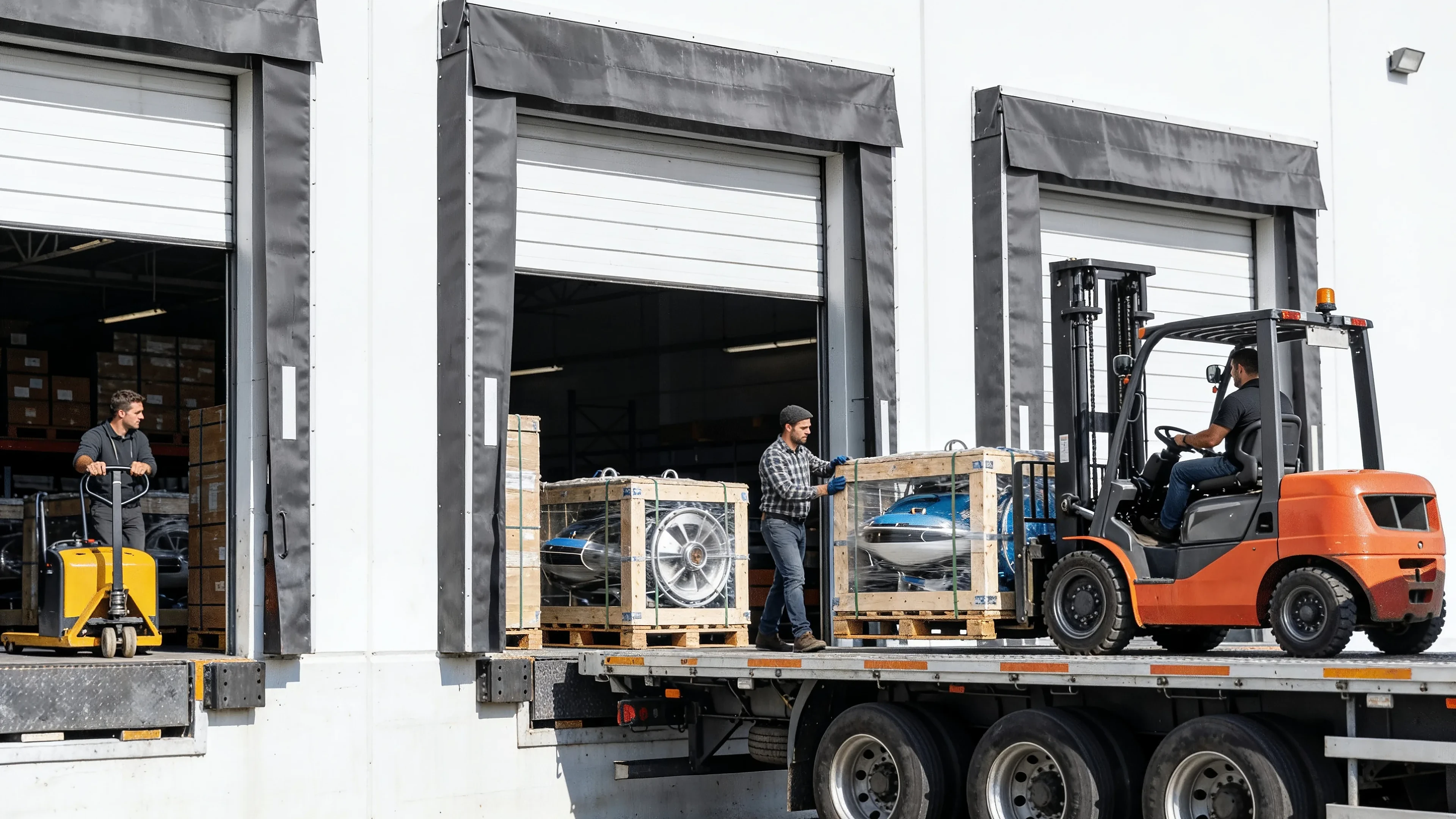 Marine spare parts crated and loaded for dispatch from an Indian warehouse