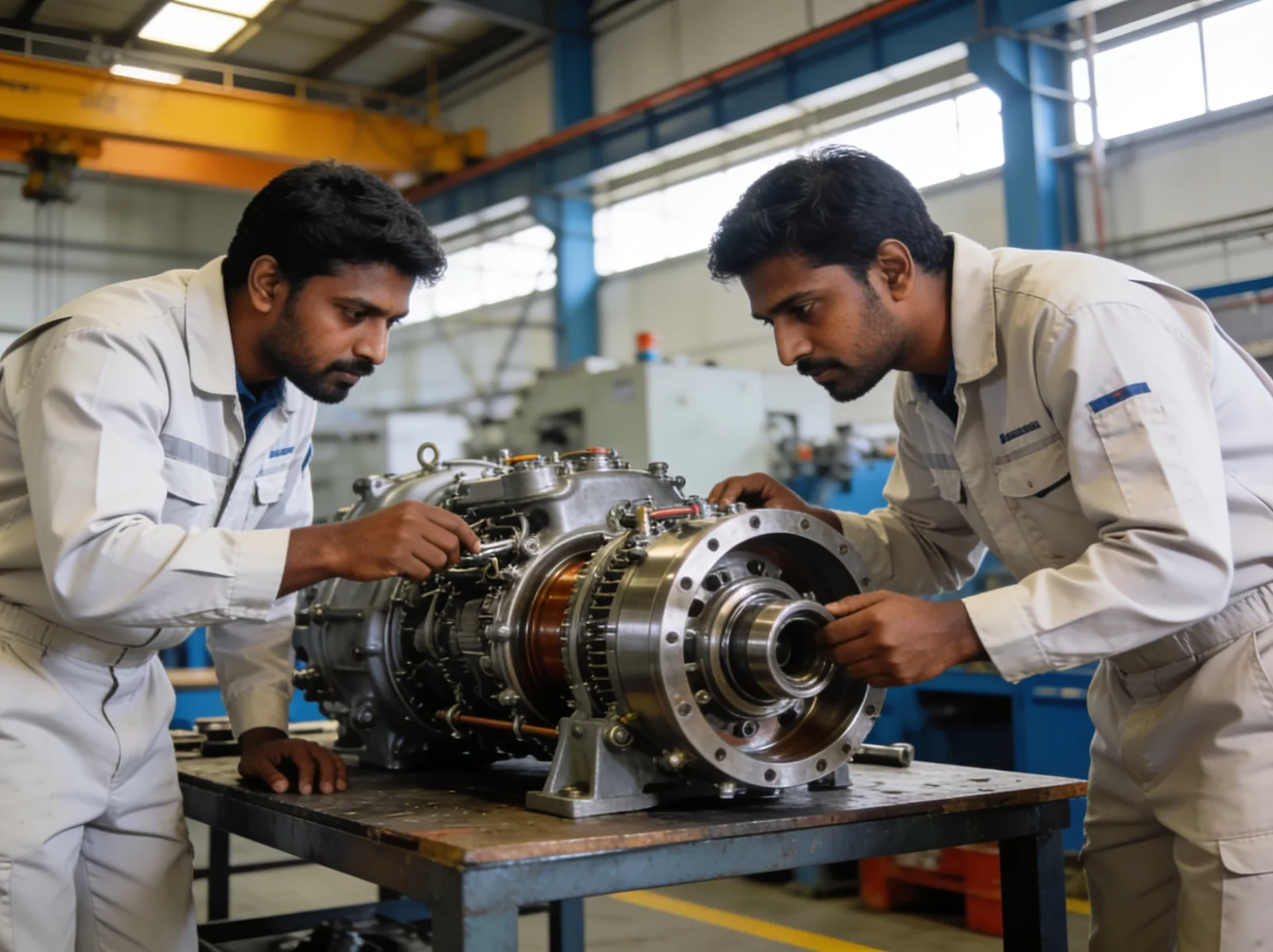 Indian marine engineers inspecting a recovered engine component