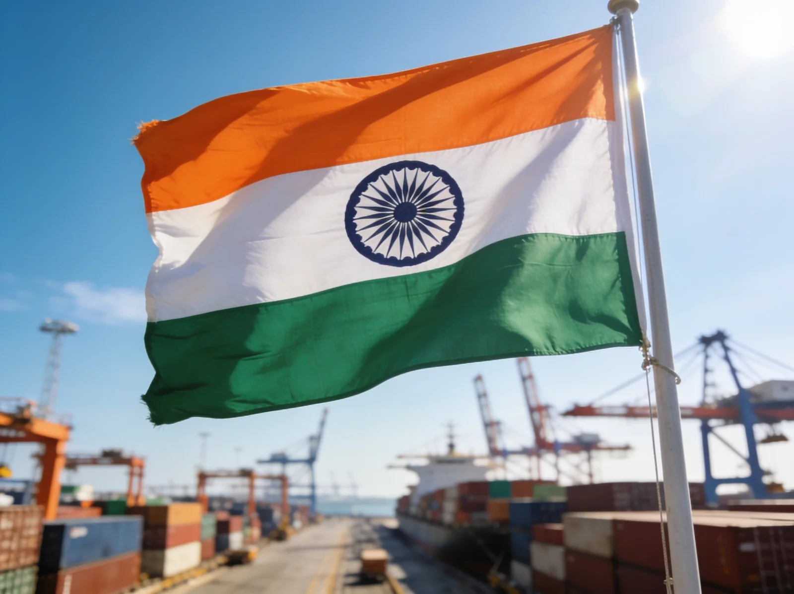 Indian flag flying beside a busy container port - marine spare parts from India