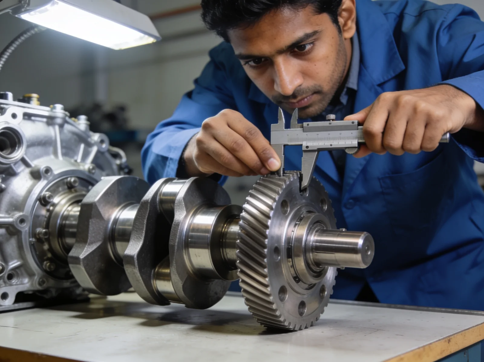 Quality inspector measuring a machined marine part with a micrometer in India