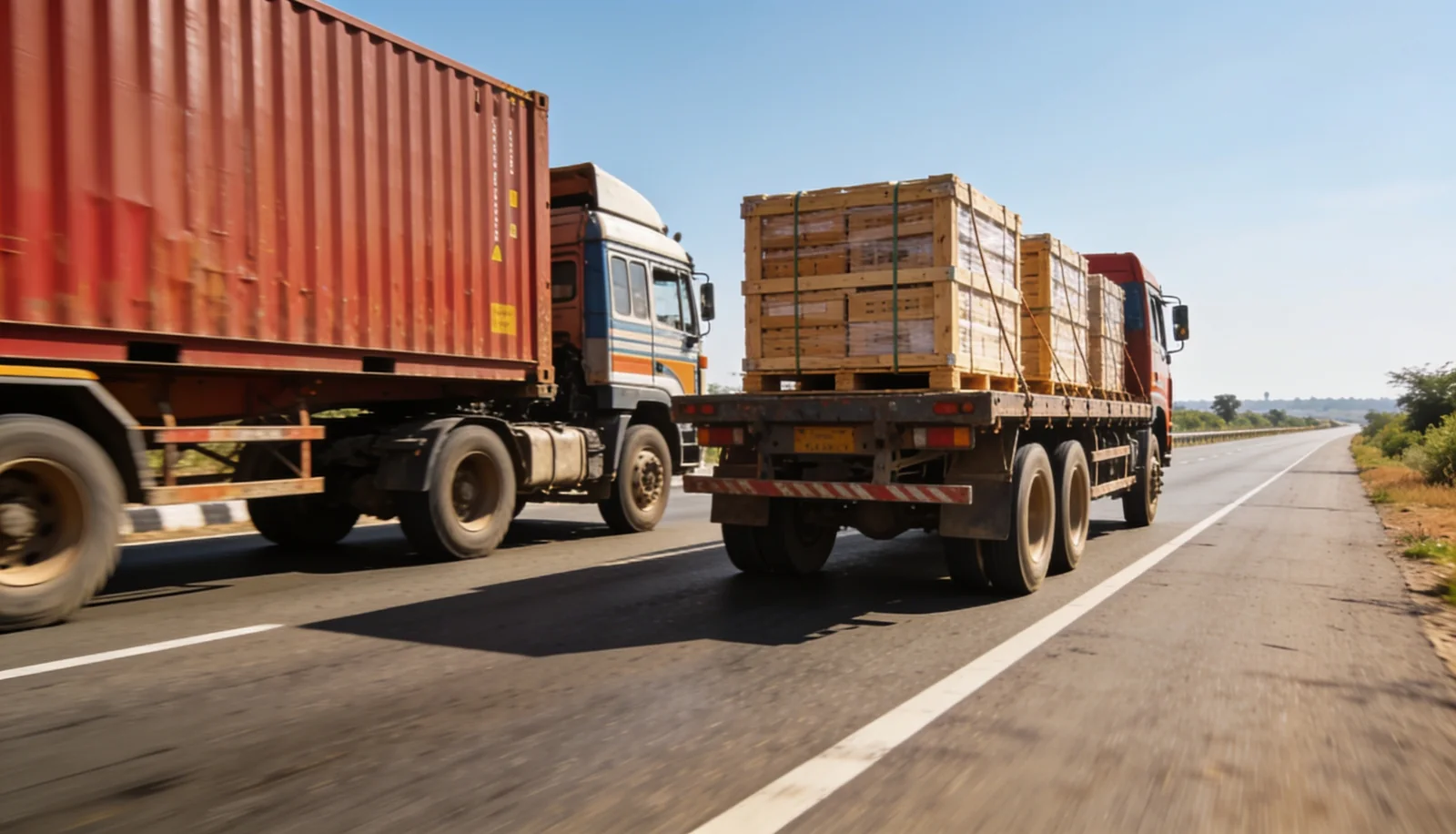 Trucks carrying crated marine parts on an Indian highway to port