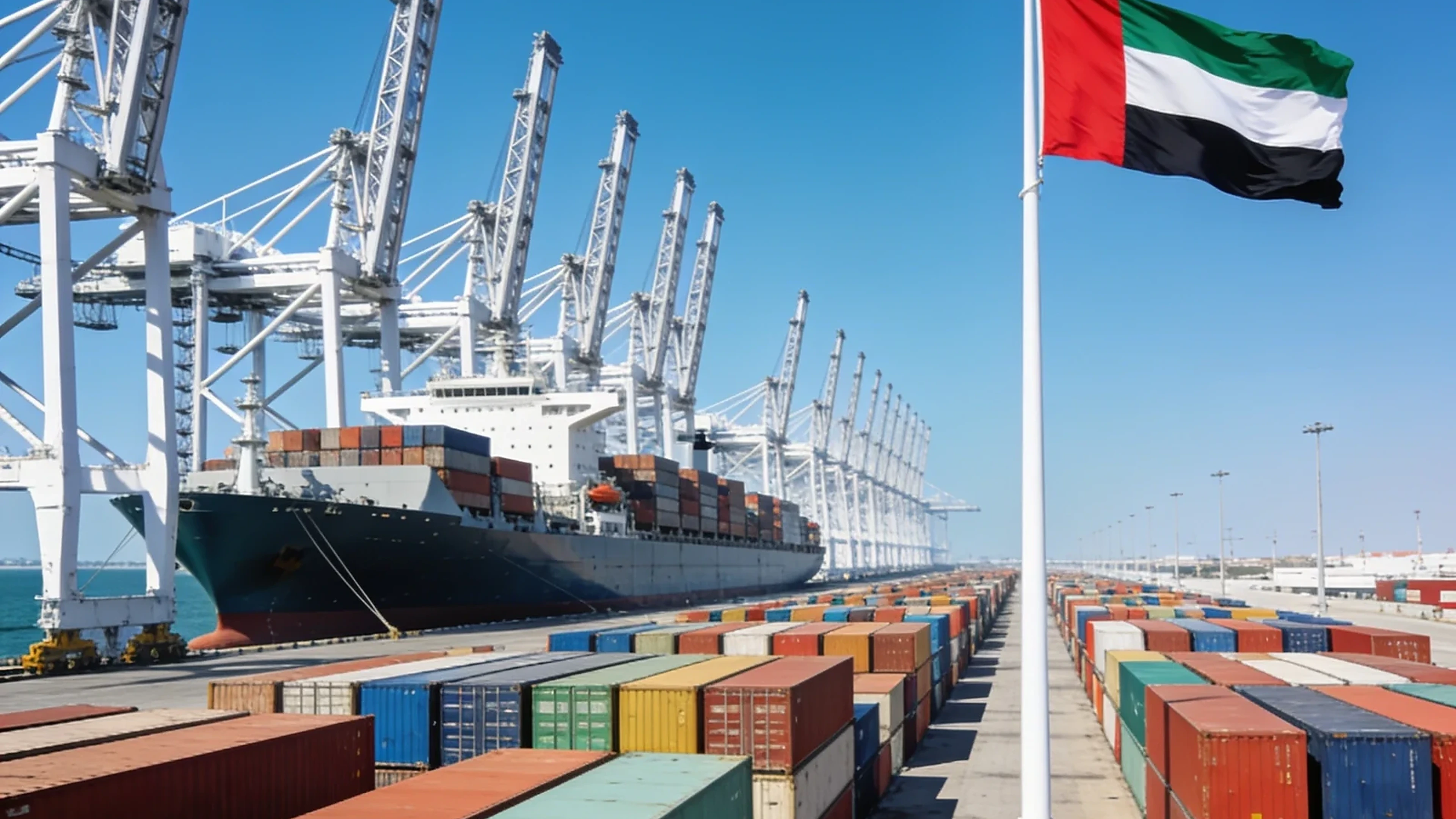 Jebel Ali Port Dubai at dusk with DP World gantry cranes and a UAE flag - marine spare parts delivered to Jebel Ali