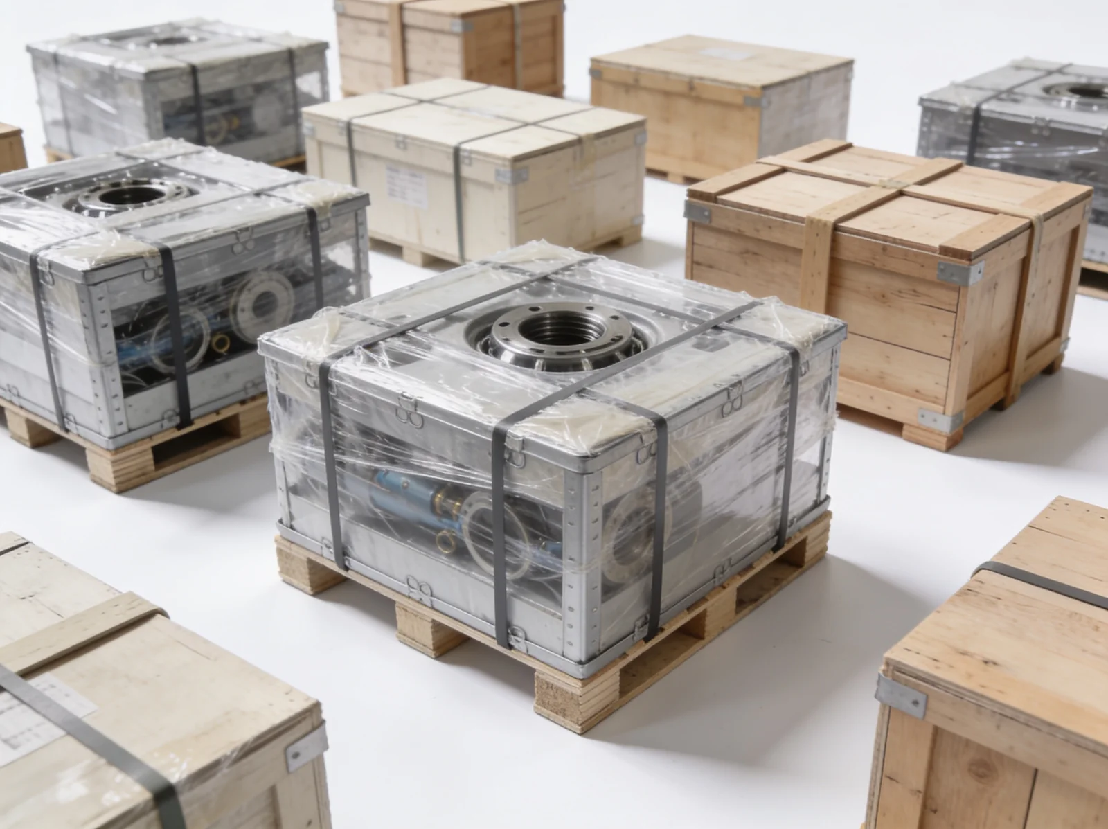 Seaworthy export crates of marine parts ready to ship from India to Norway