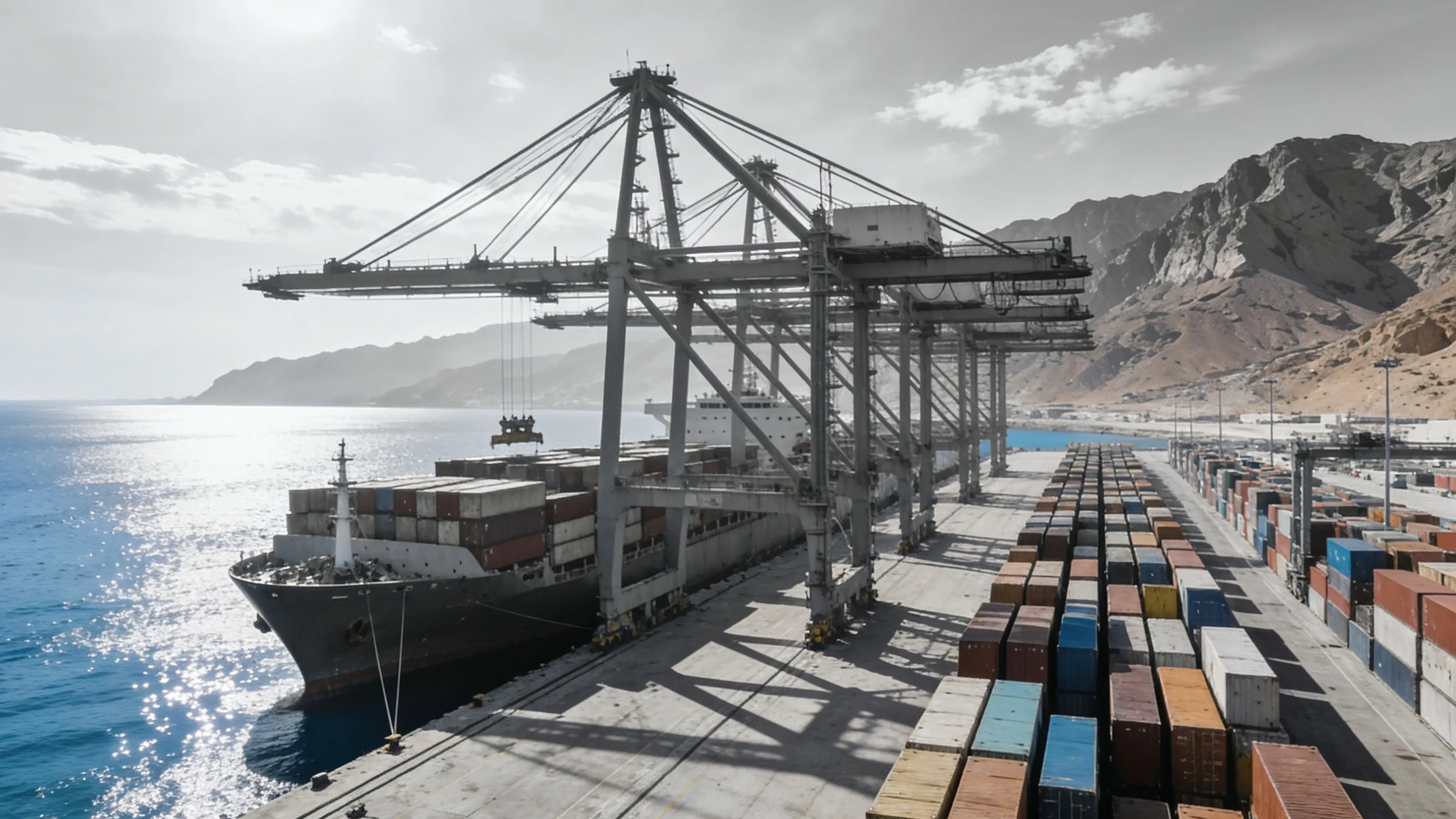 Khor Fakkan Container Terminal on the UAE east coast facing the Gulf of Oman - marine spare parts delivered to Khor Fakkan