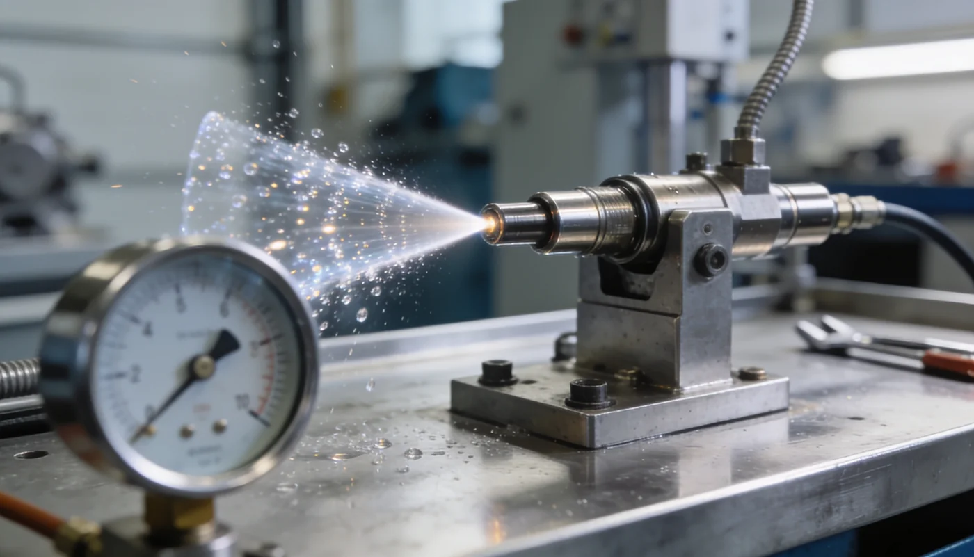 Marine fuel injector being pressure pop-tested on a calibration bench