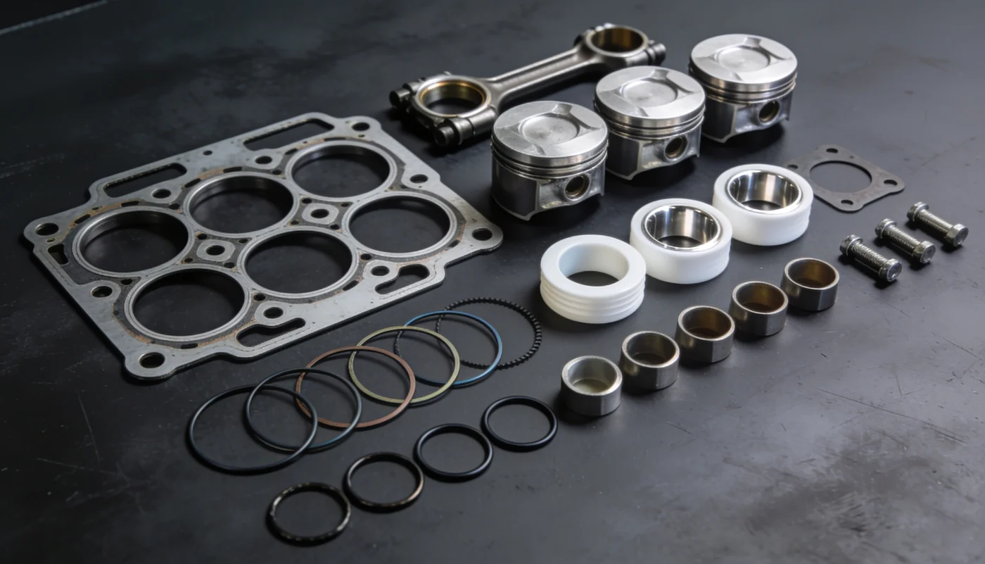 Complete marine engine overhaul kit - gaskets, piston rings, bearing shells, seals and fasteners laid out