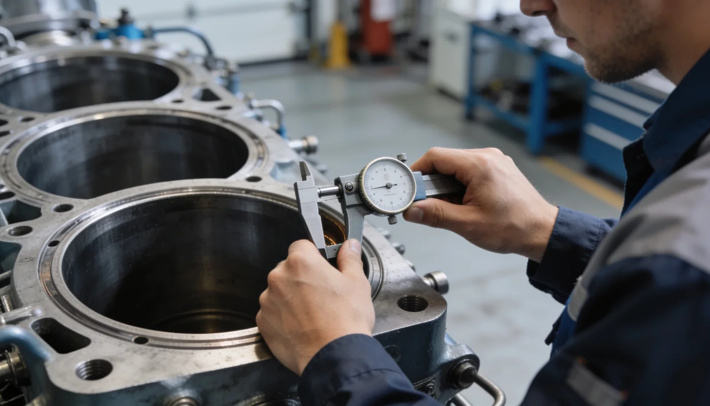 Marine engineer measuring a cylinder liner bore with an internal micrometer