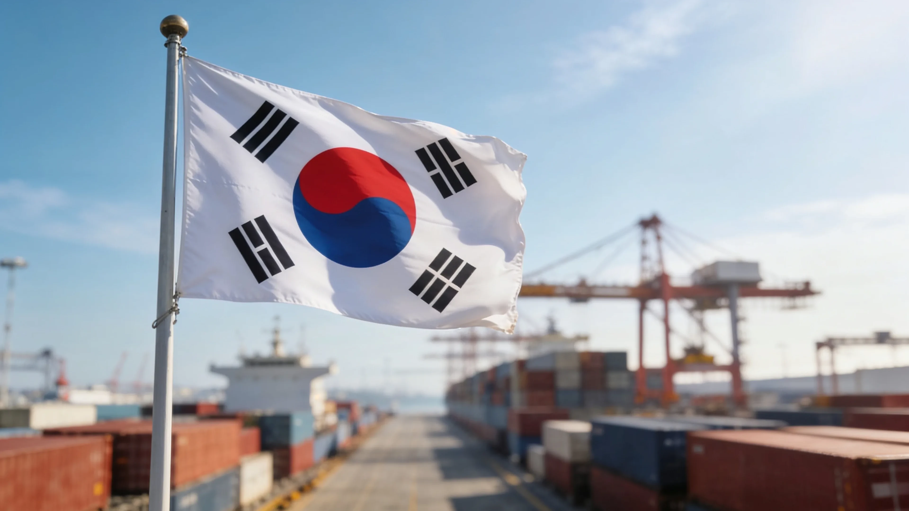 South Korean flag flying beside a busy container port - marine spare parts delivered from India