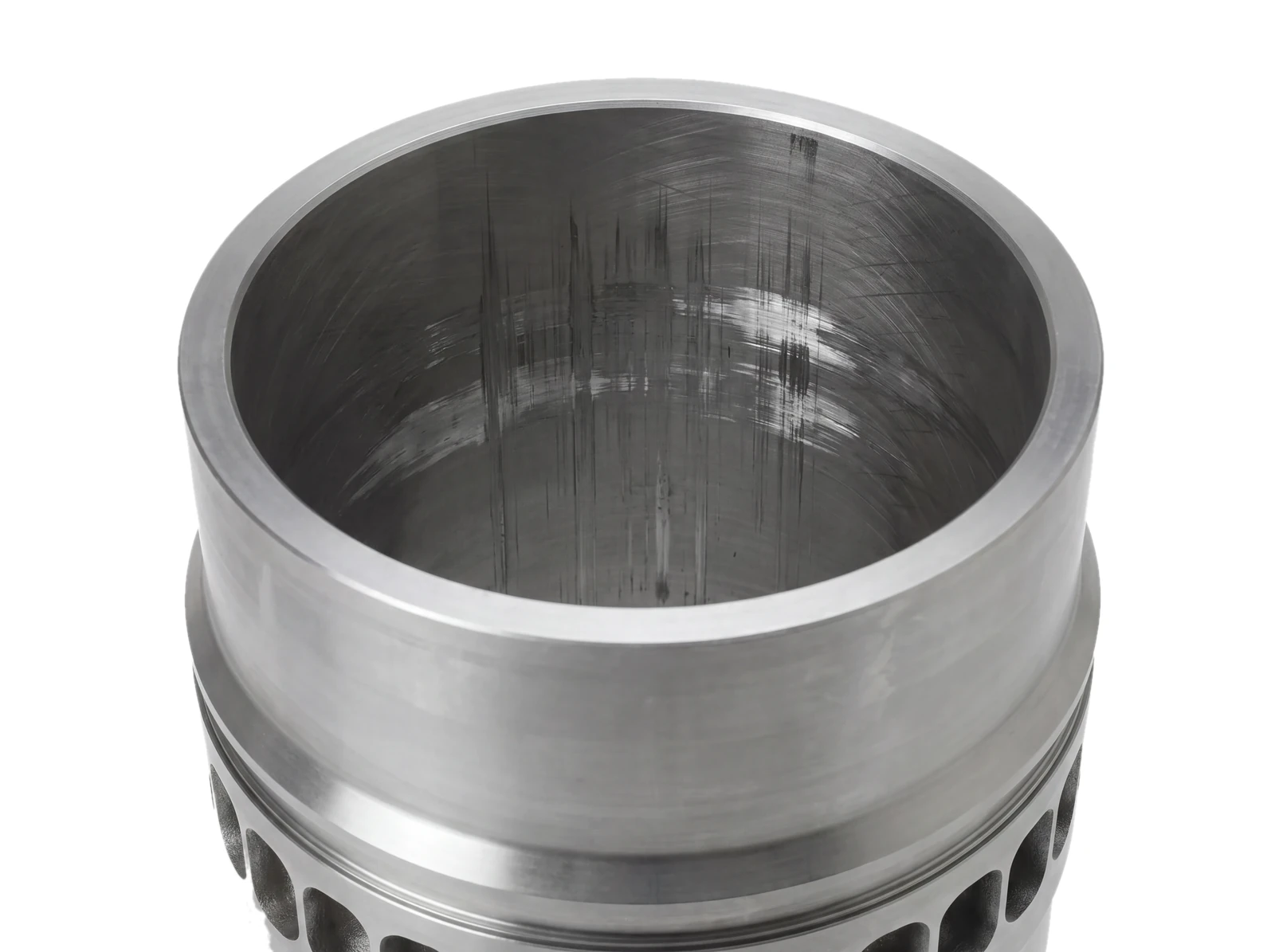 Marine main engine liner scuffing / high wear spare part — Likely cause: cylinder-oil feed too low or wrong BN for fuel sulphur, abrasive cat-fines (Al+Si) in the fuel, cold-corrosion or poor running-in — leading to micro-seizure between ring and liner. — genuine, OEM-equivalent and Alang-reconditioned