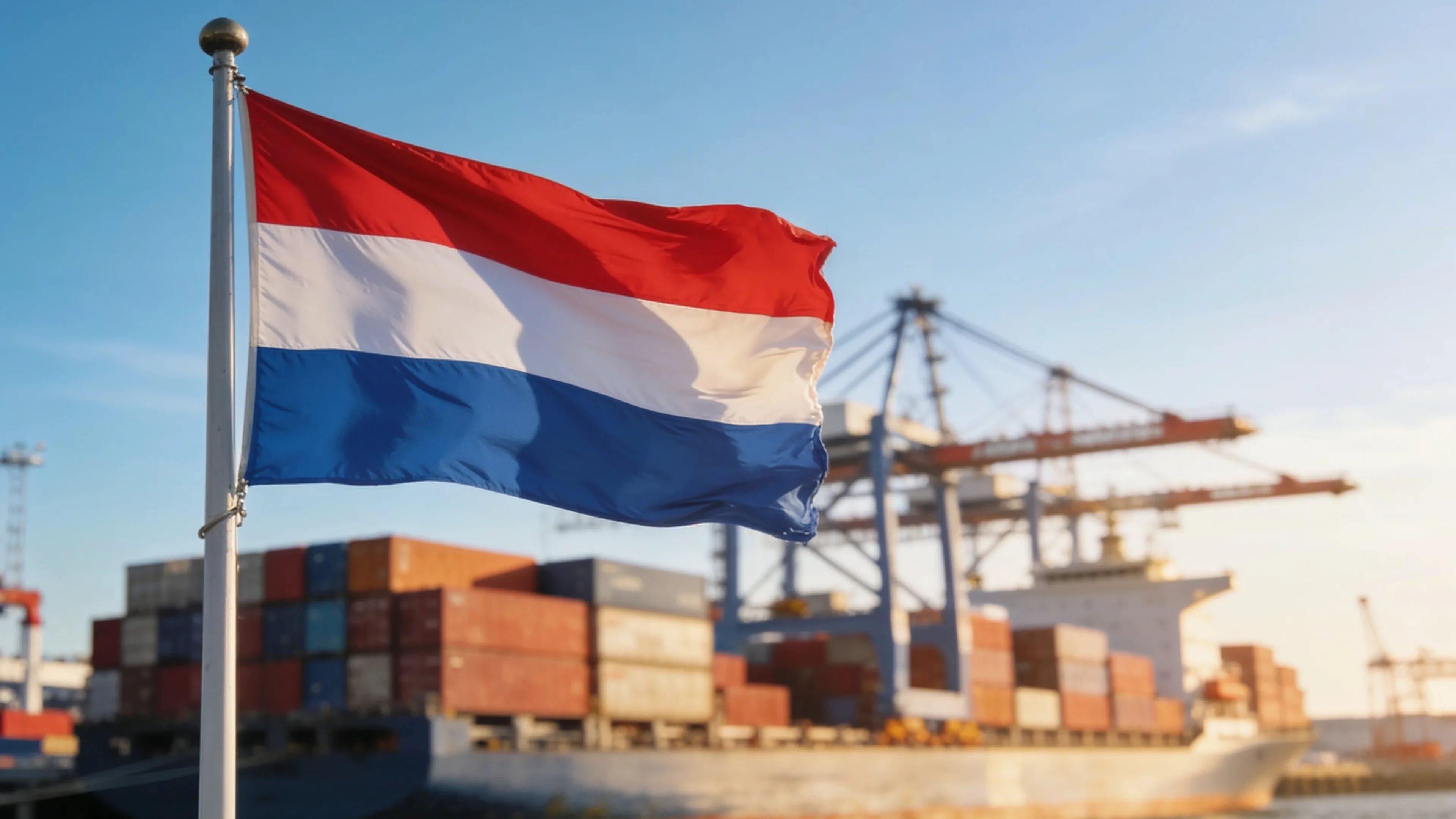 Netherlands flag flying beside a busy Dutch container port - marine spare parts shipped from India