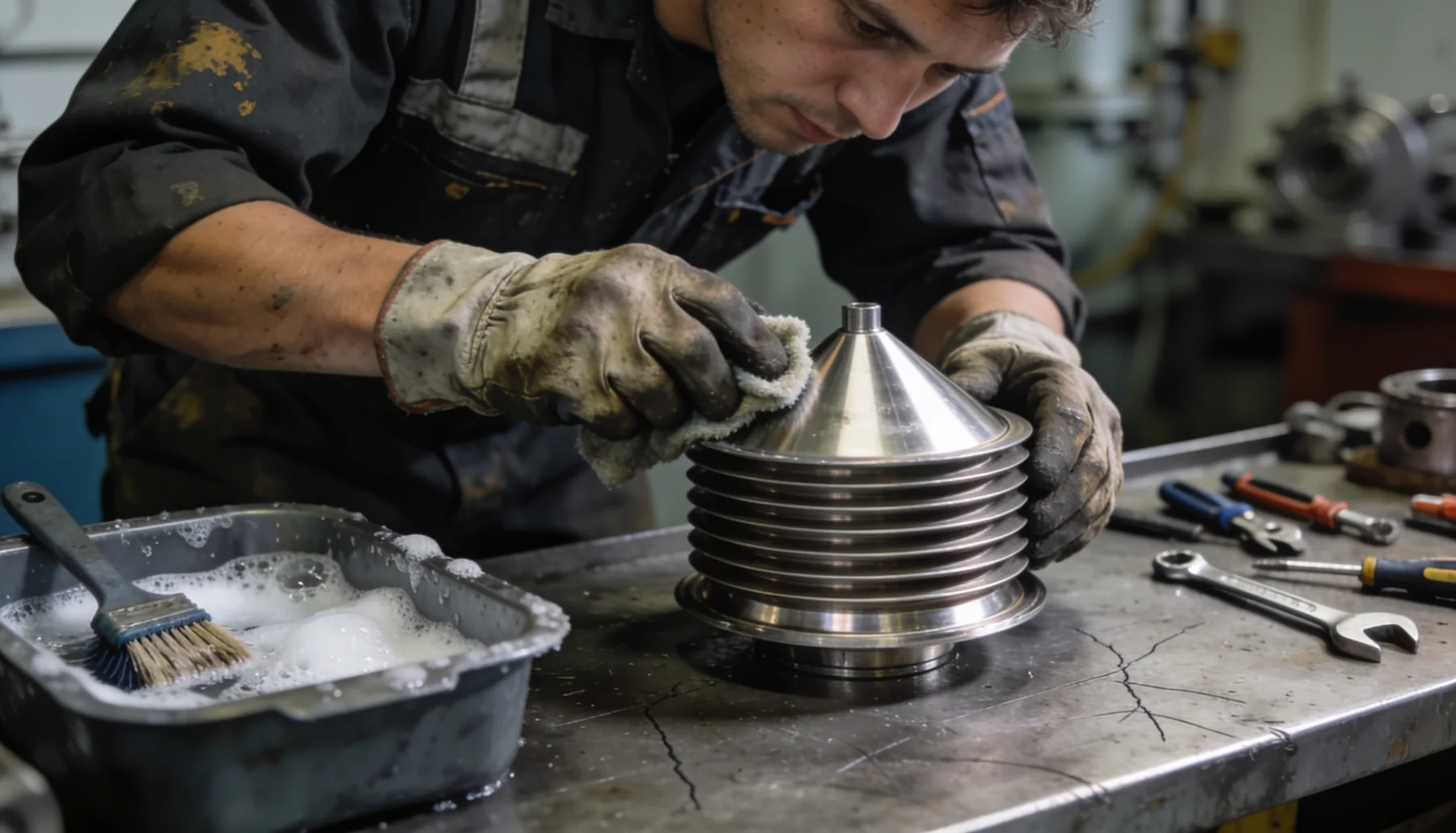 Marine oil separator disc stack being cleaned and inspected