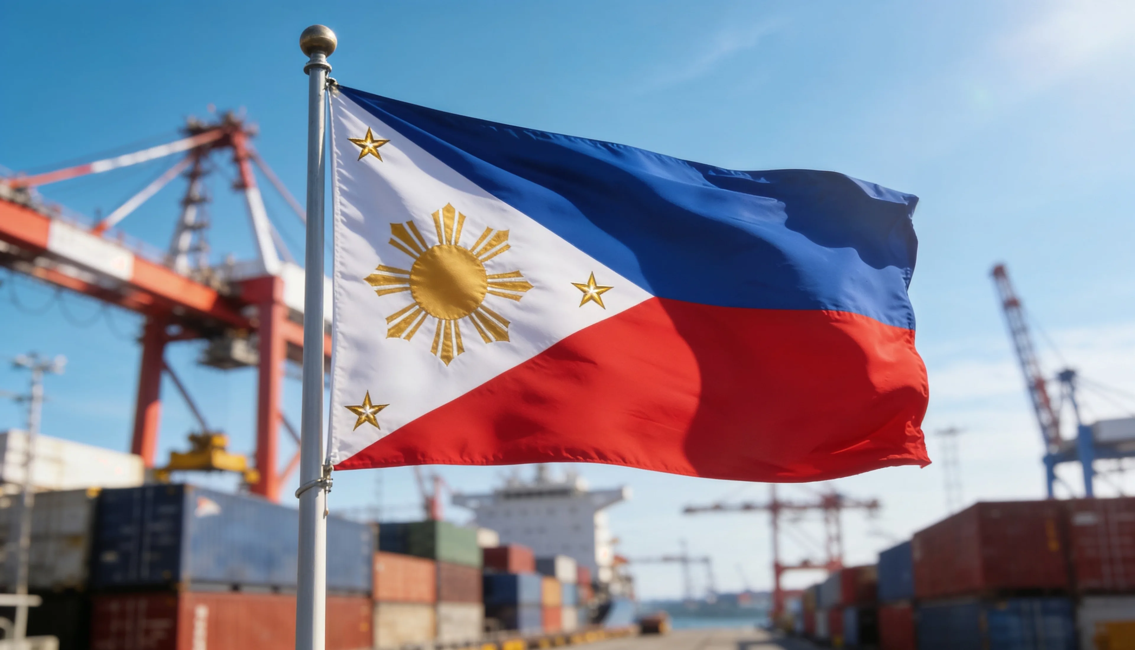 Flag of the Philippines flying beside a busy container port - marine spare parts delivered to the Philippines from India