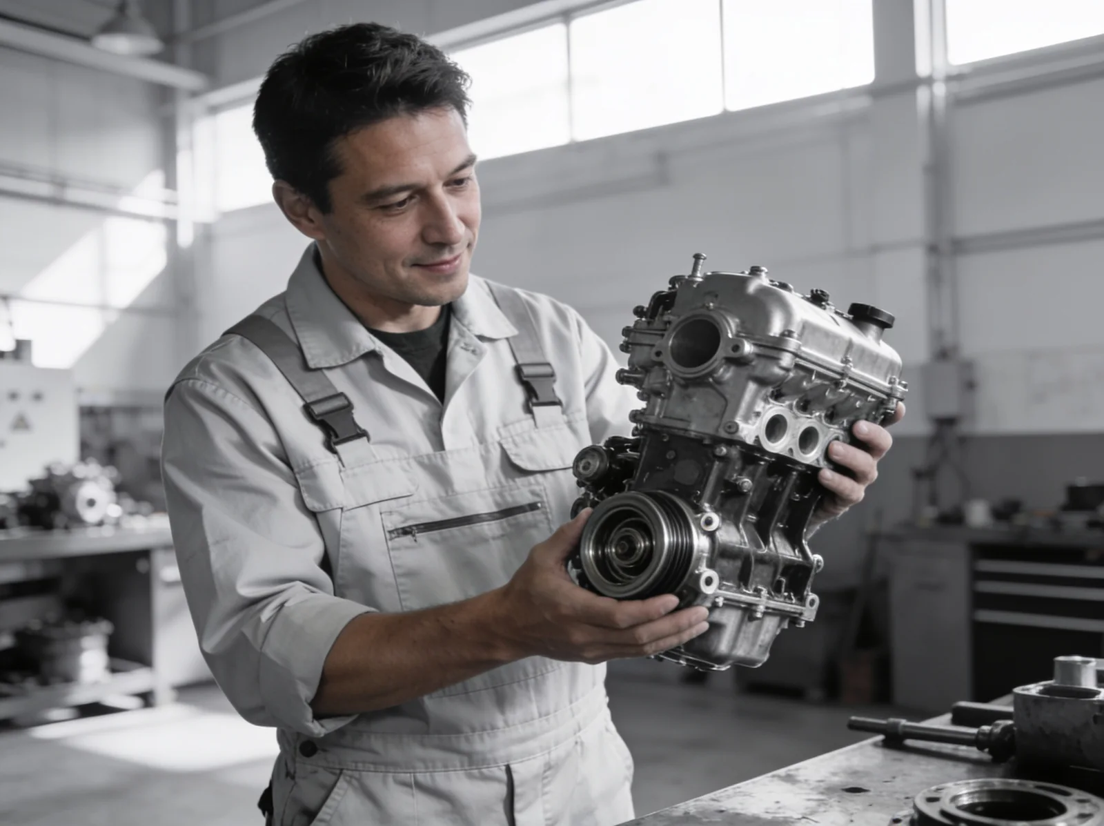 Indian marine engineers inspecting a recovered engine component