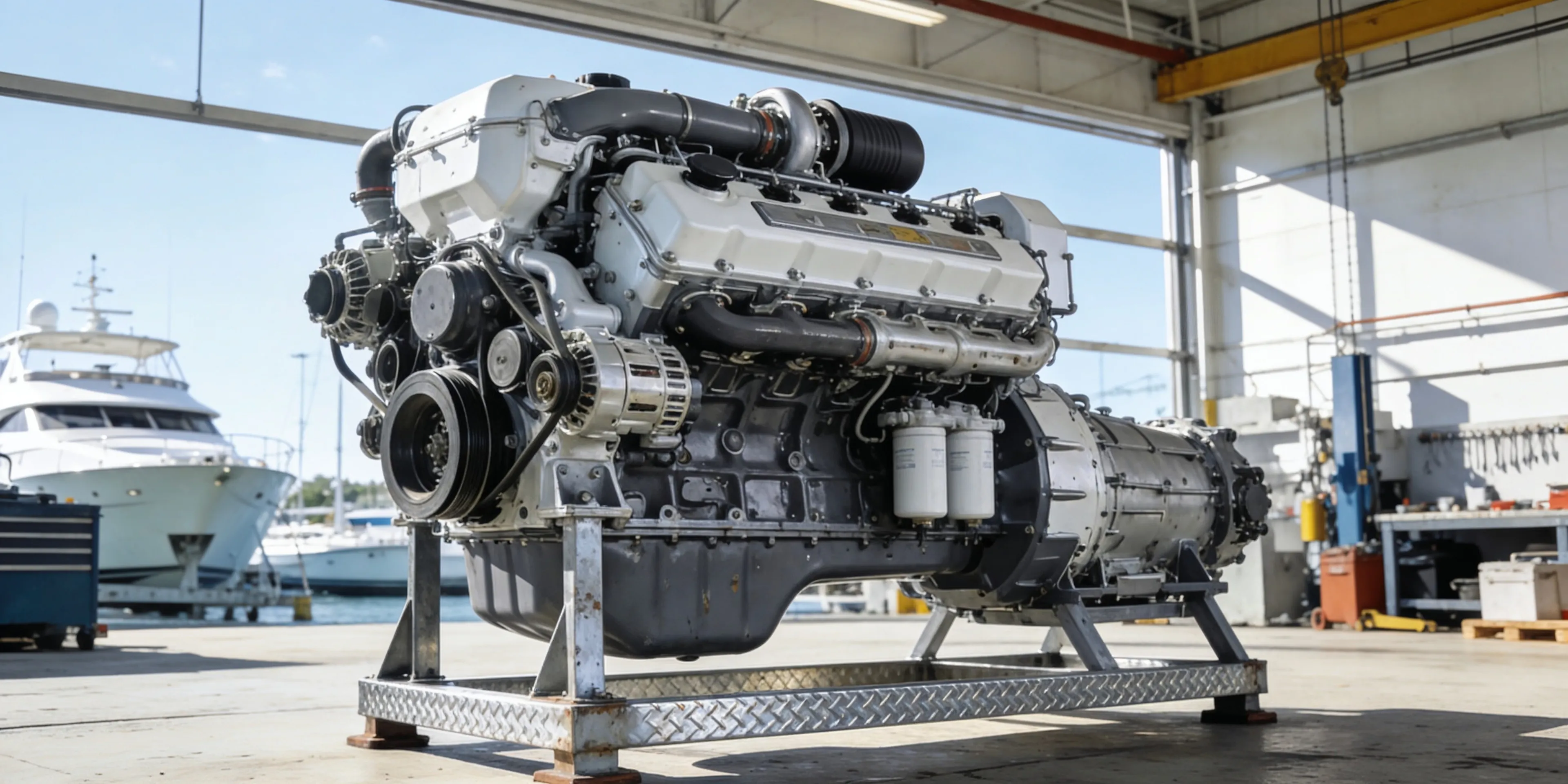 Reconditioned marine engine component on a clean bench in India, ready for shipment to the Philippines