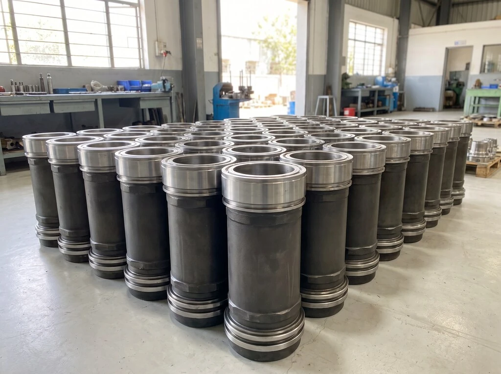 Reconditioned marine engine cylinder liners standing in rows at the Bhavnagar workshop, India — honed bores, measured against wear limits
