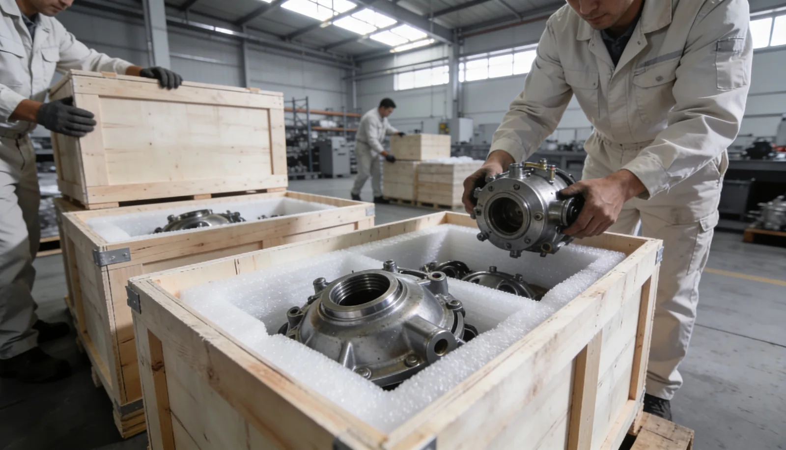 Seaworthy export crates of marine parts packed in India for shipment to the Philippines