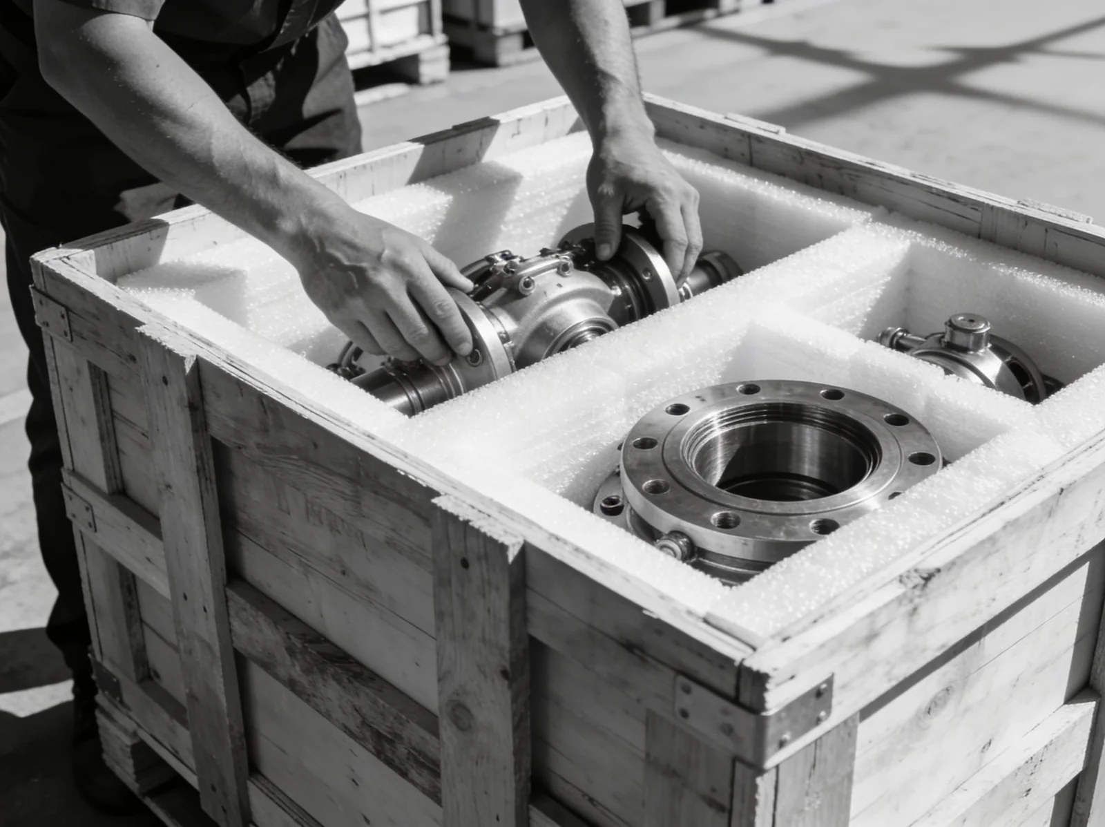Seaworthy export crates of marine parts ready to ship from India
