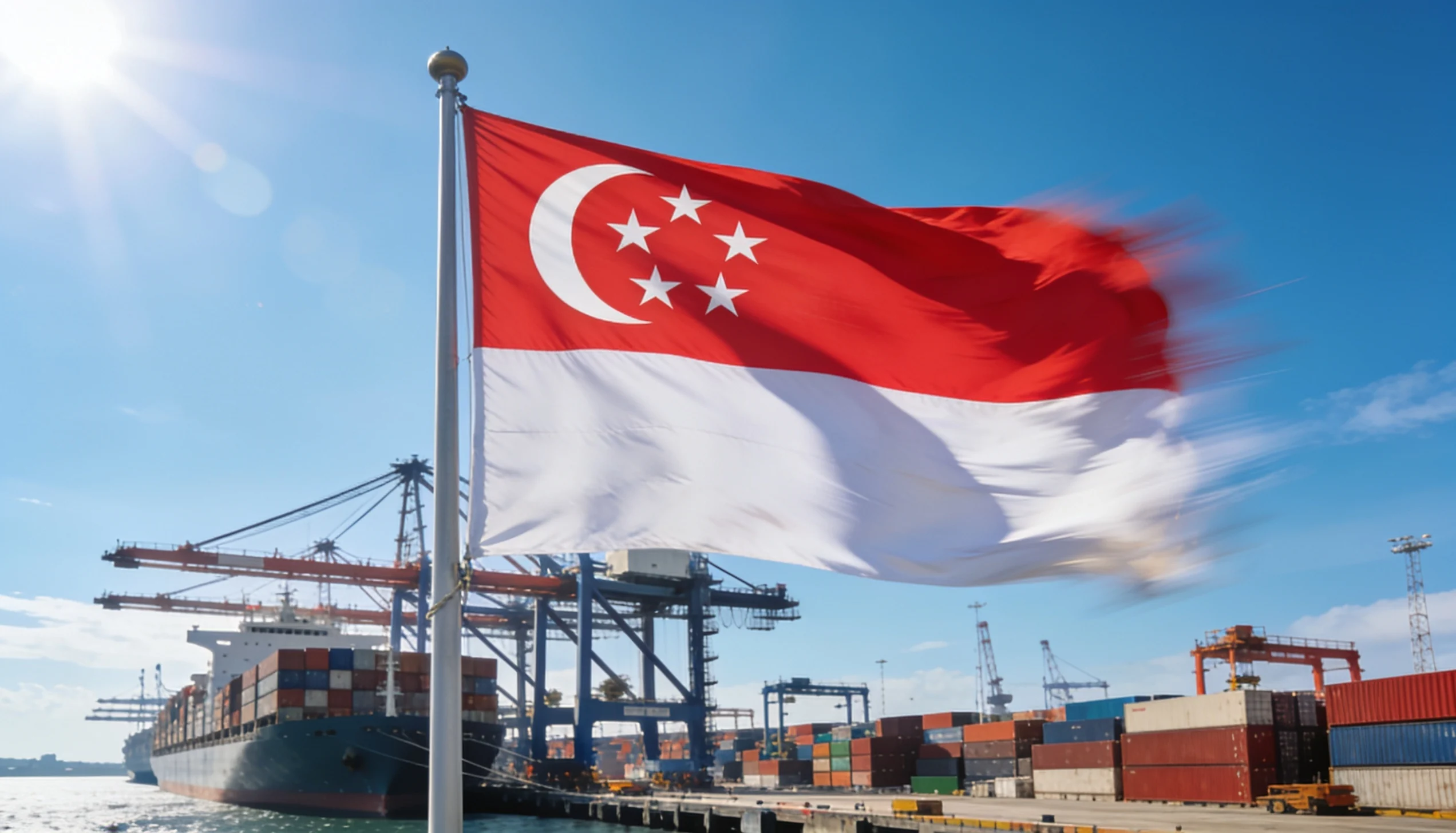 Singapore flag flying beside a busy container port - marine spare parts delivered to Singapore from India