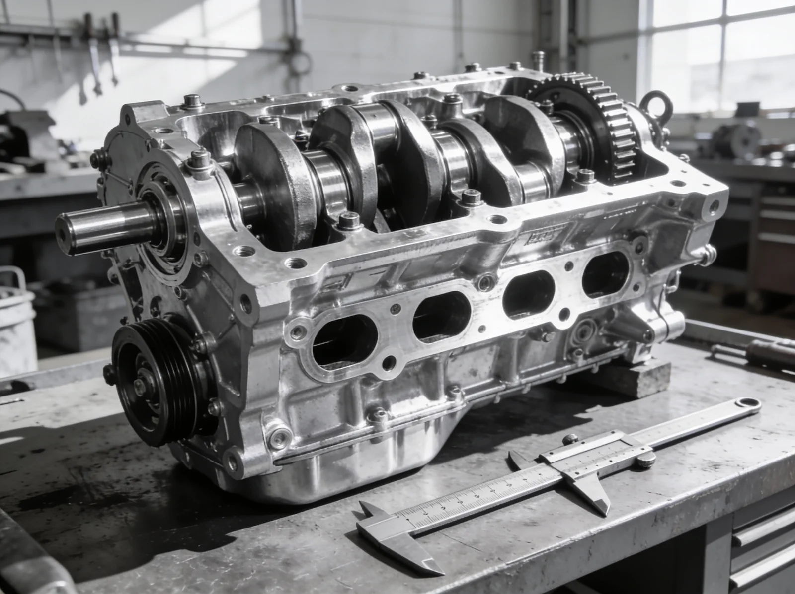 Reconditioned marine engine component on a clean bench in India before shipment to a vessel at Singapore