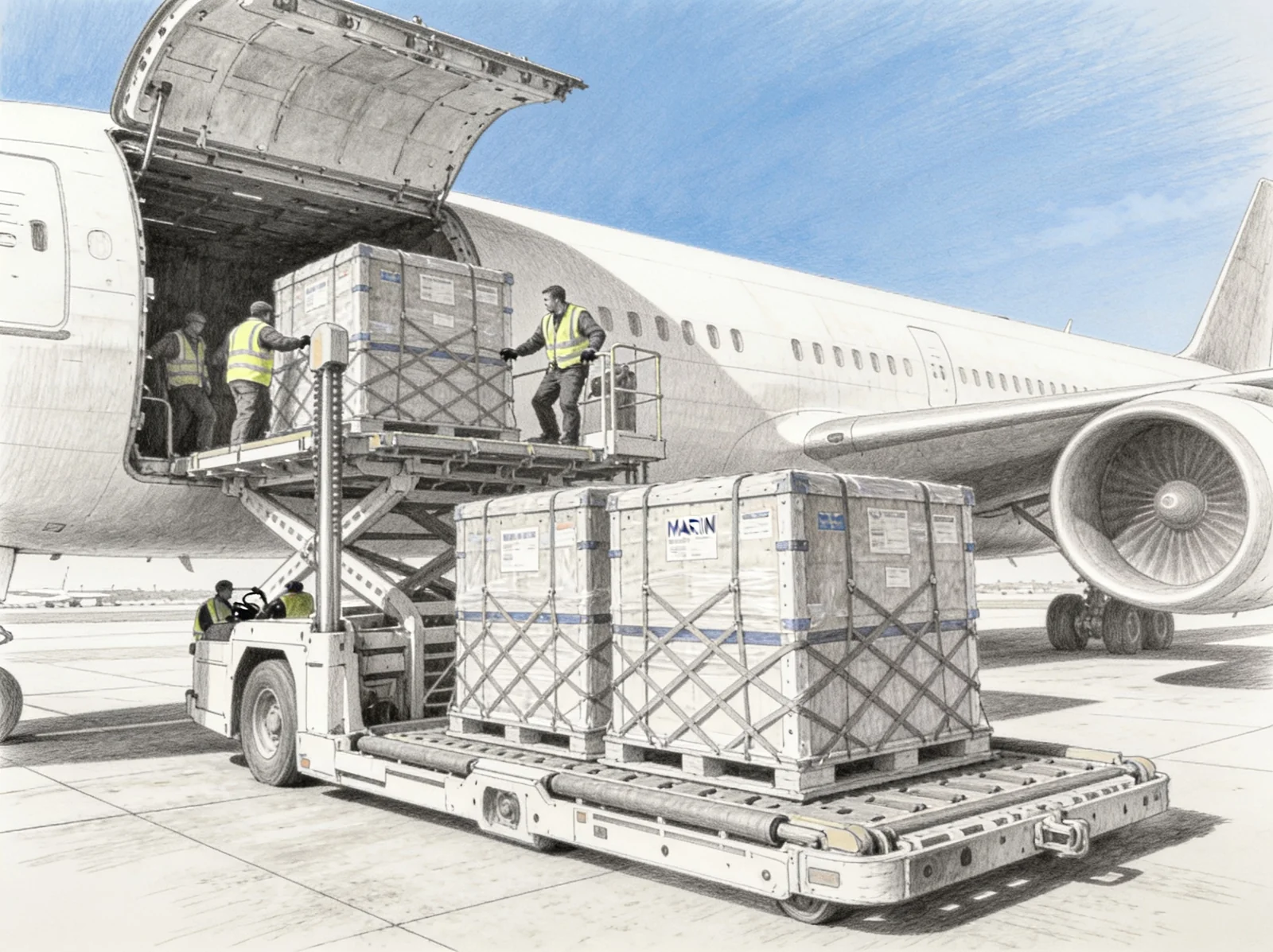 Marine spare parts loaded onto a cargo aircraft in India for air freight to China