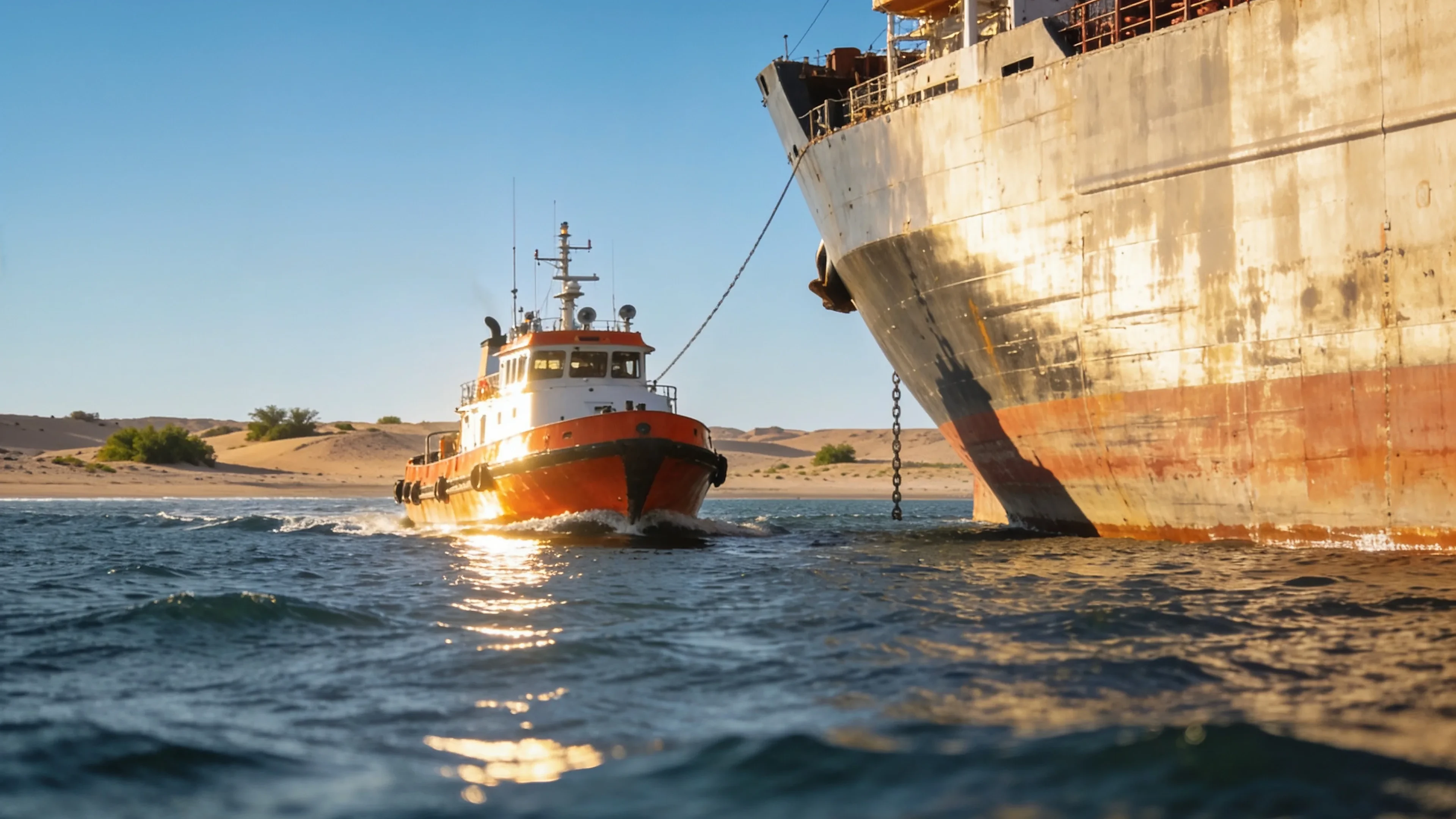 Supply launch boat heading out to ships at anchor in the Tuzla anchorage