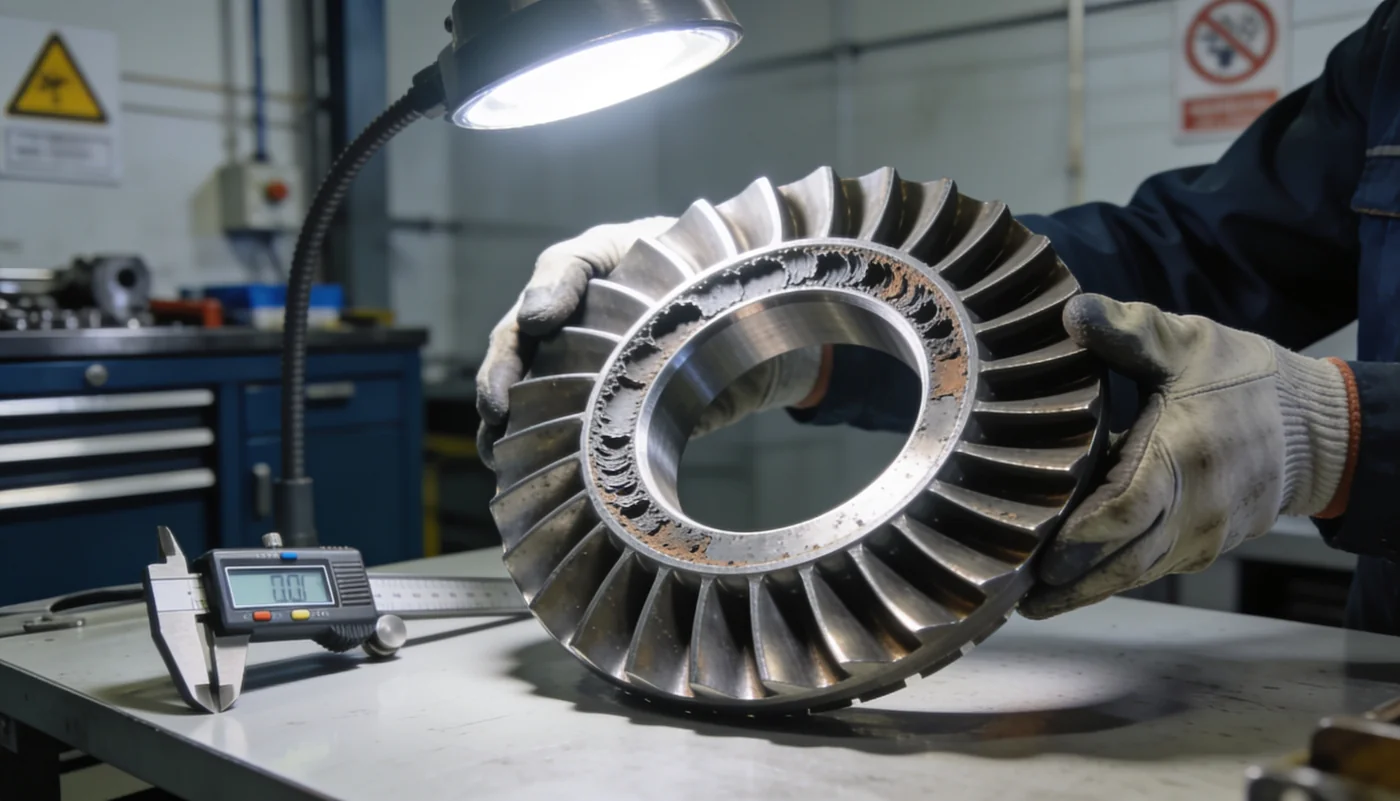 Marine turbocharger nozzle ring being inspected for erosion