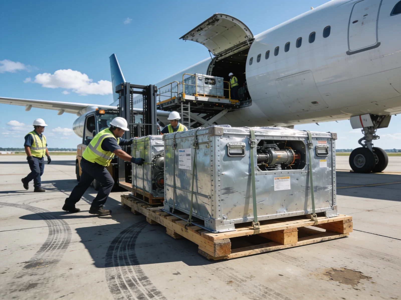 Marine spare parts loaded onto a cargo aircraft in India for air freight to the UAE