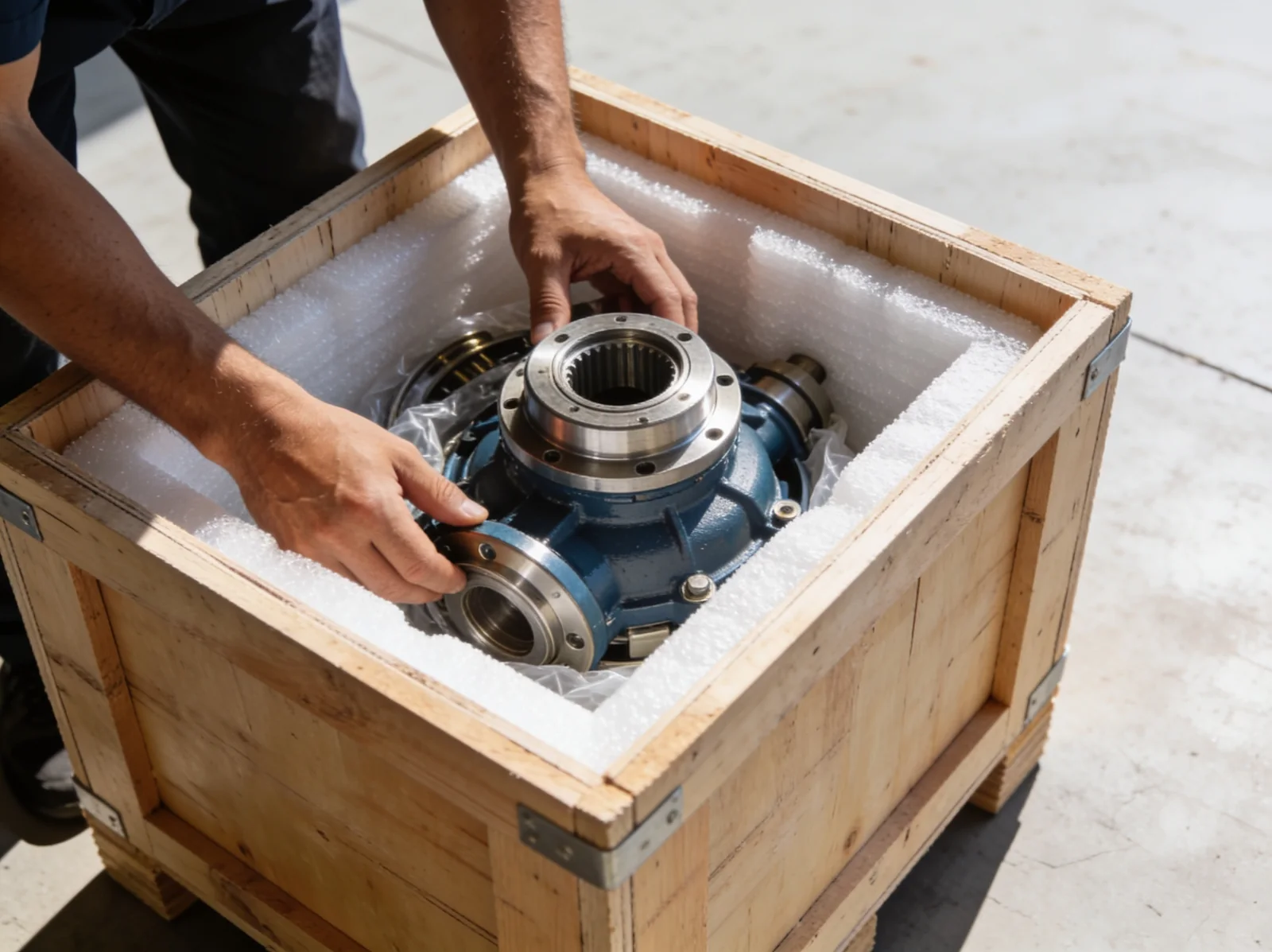 Seaworthy export crates of marine parts packed in India for shipment to Egypt