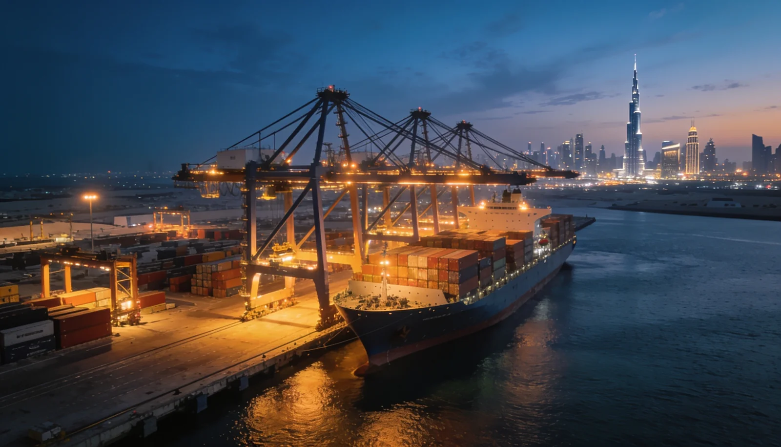 UAE flag beside Jebel Ali port Dubai - marine spare parts shipped from India to the UAE