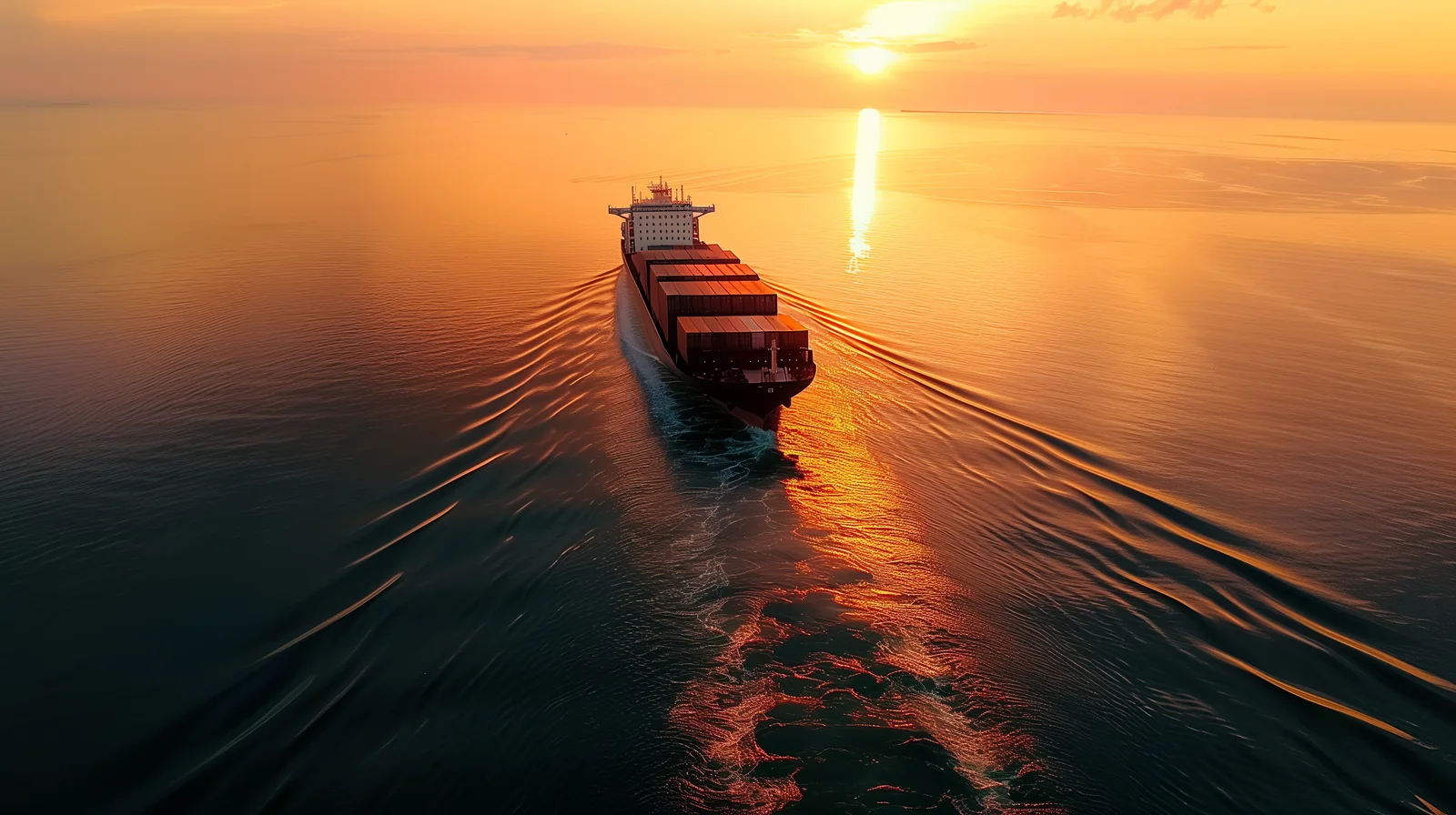 Container ship at sea at sunset — Wattmare marine spare parts supplier, Alang India