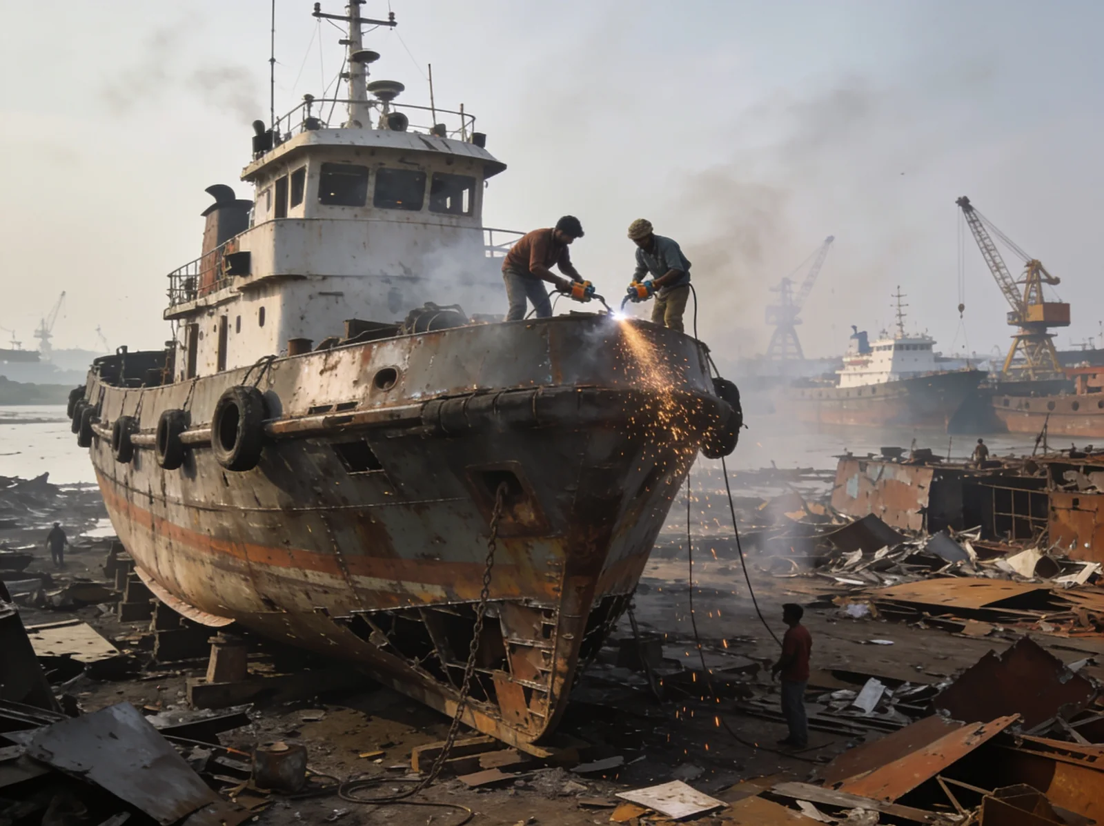 Alang ship-recycling yard — reconditioned tugboat spare parts | Wattmare
