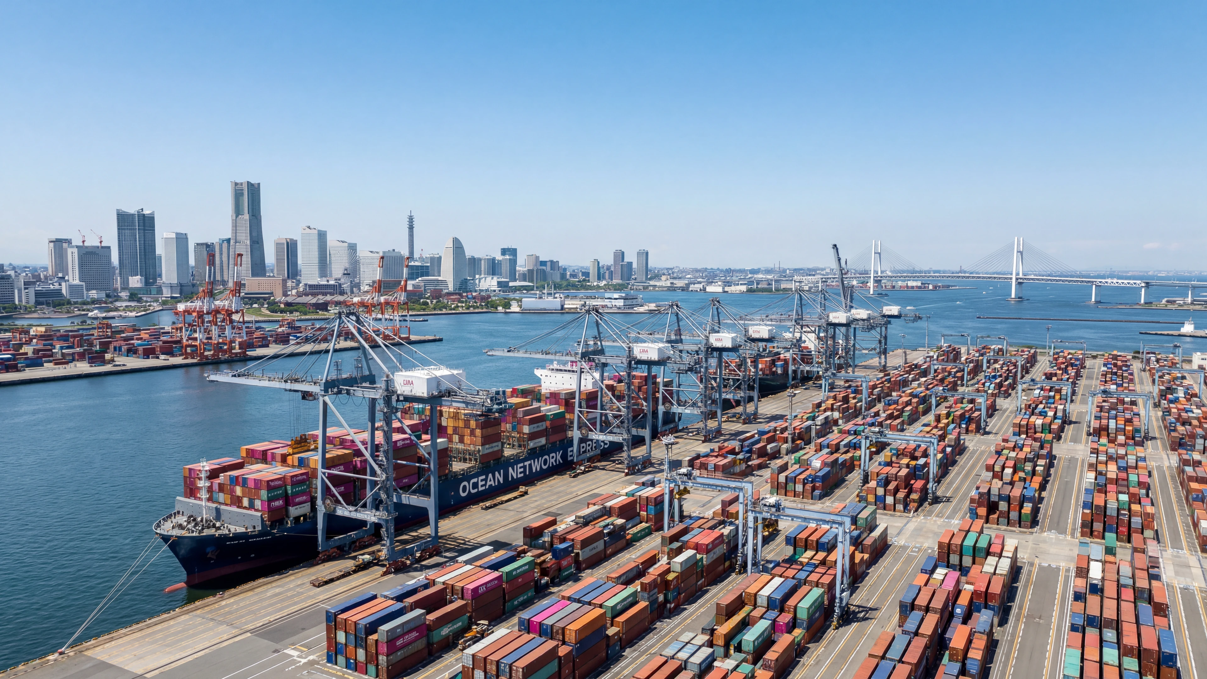 Port of Yokohama on Tokyo Bay with container terminals - marine spare parts delivered to Yokohama