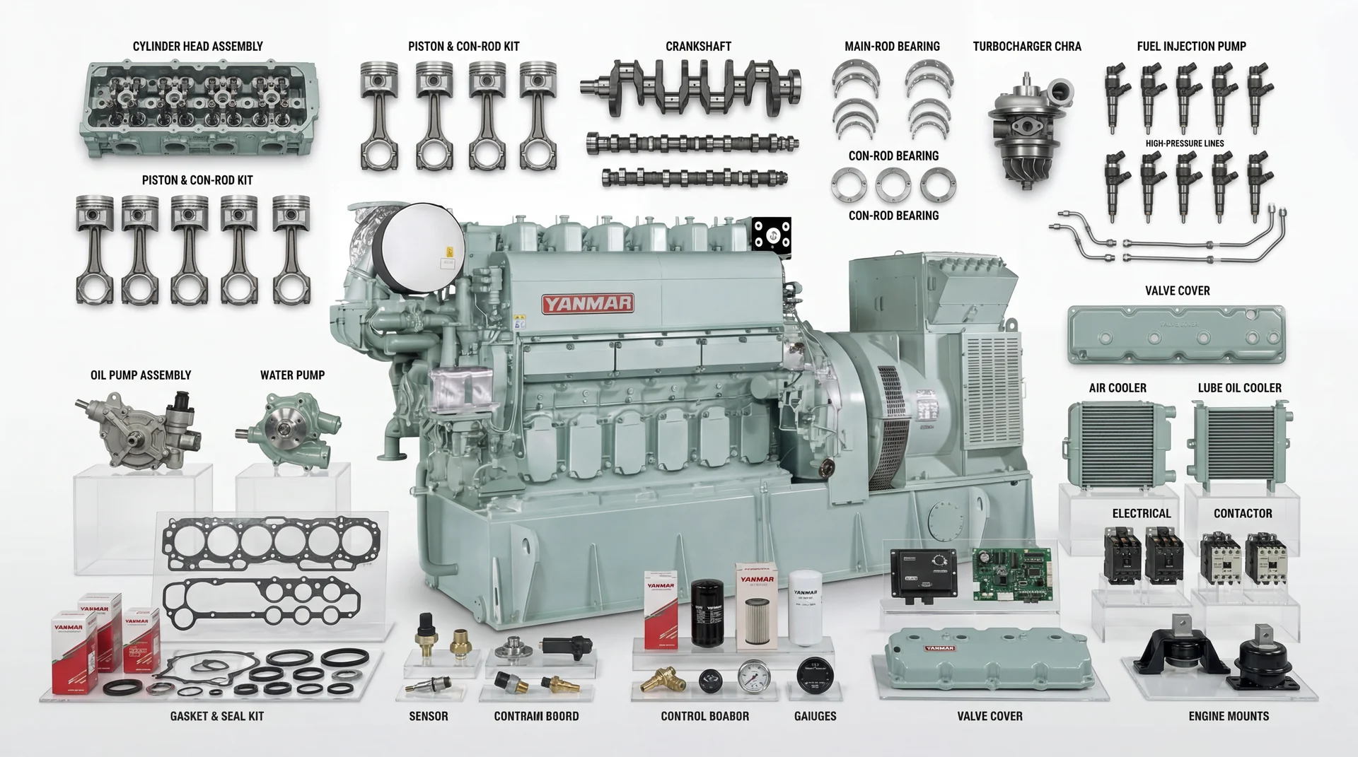 Yanmar marine generator set with every auxiliary engine spare part - cylinder heads, pistons, crankshaft, bearings, injectors and coolers supplied by Wattmare