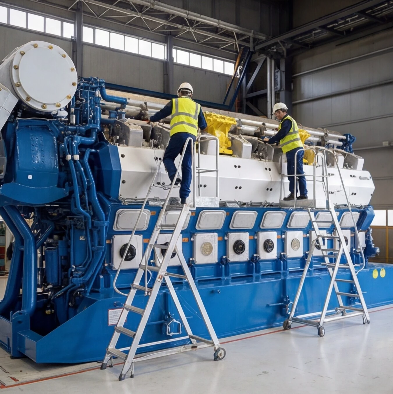 Marine engineers working on a genuine marine main engine during shop test - every wear part supplied by Wattmare