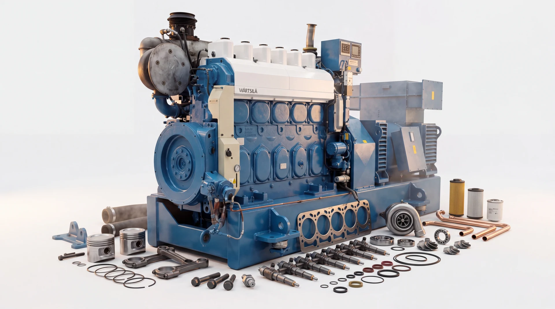 Wartsila marine main engine with genuine spare parts - pistons, liners, con-rods, turbocharger, injectors, bearings and gaskets supplied by Wattmare