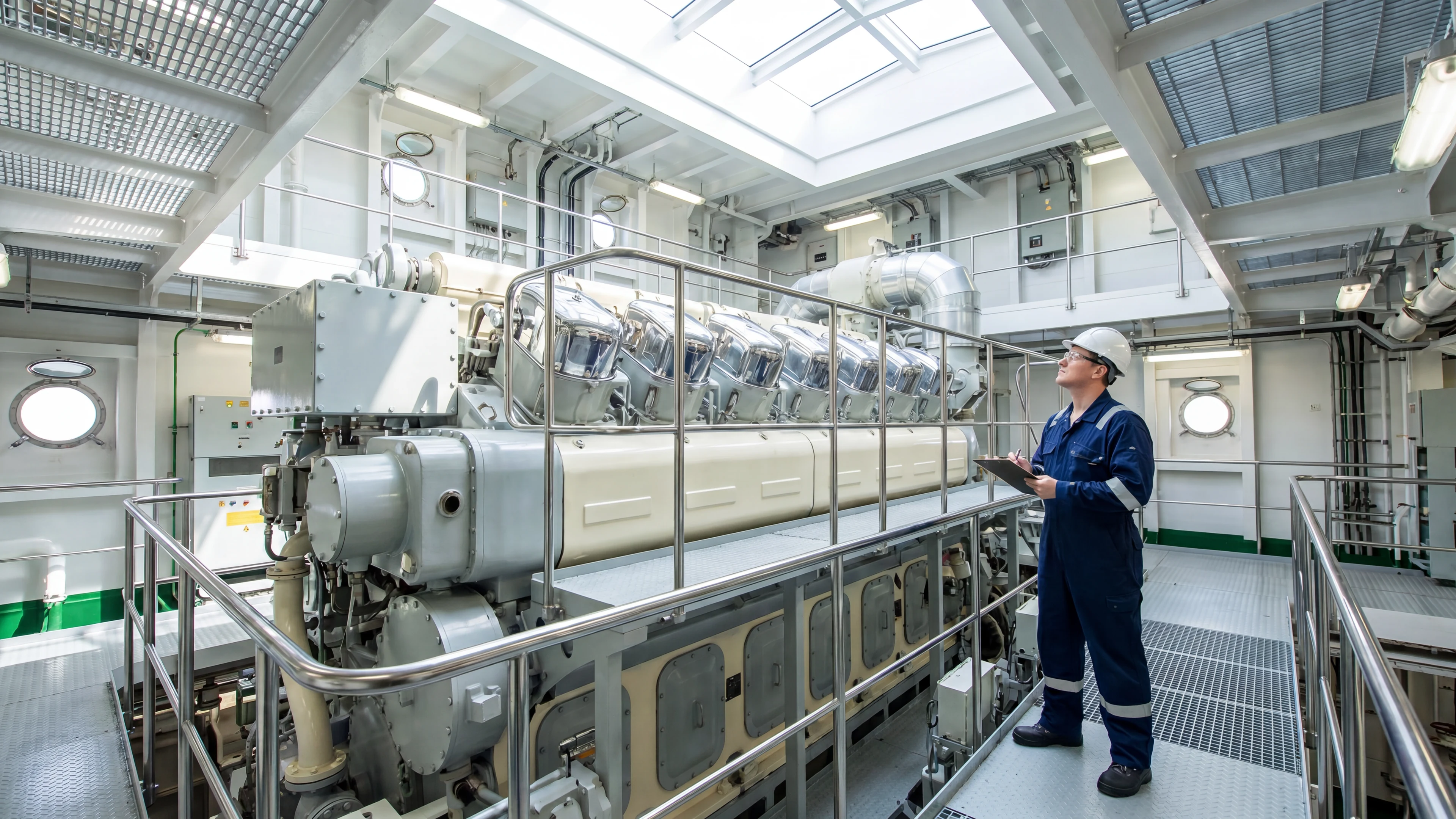 Marine main engine spare parts supplier — two-stroke ship main engine inspected in the engine room