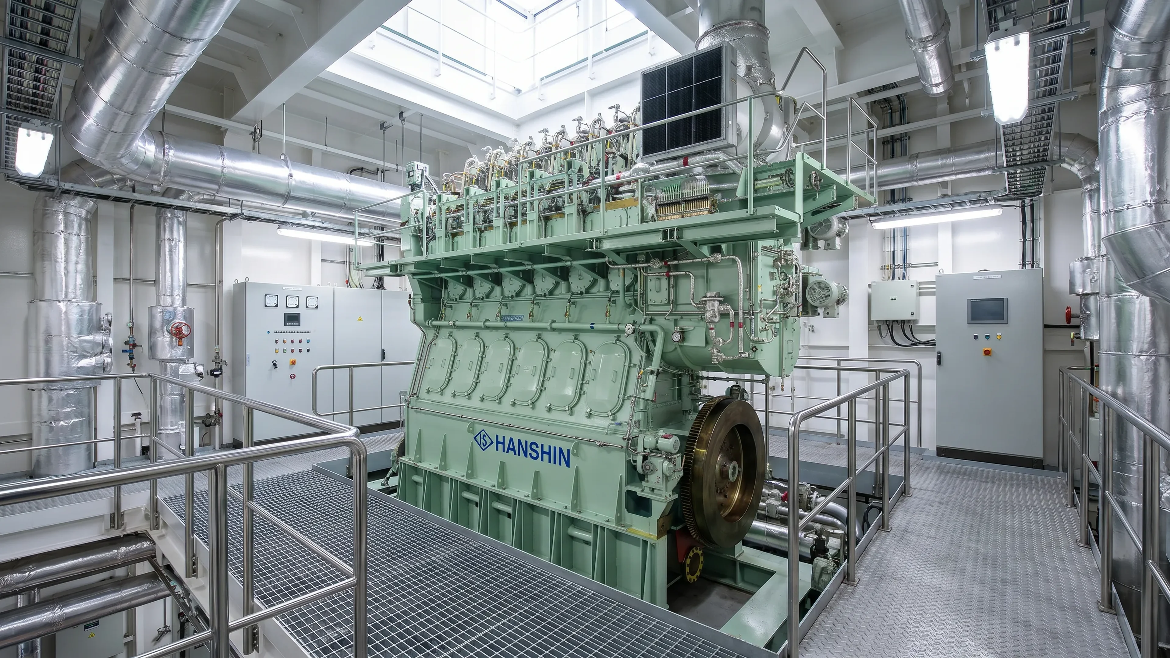 Hanshin Diesel two-stroke marine main engine installed in a ship engine room
