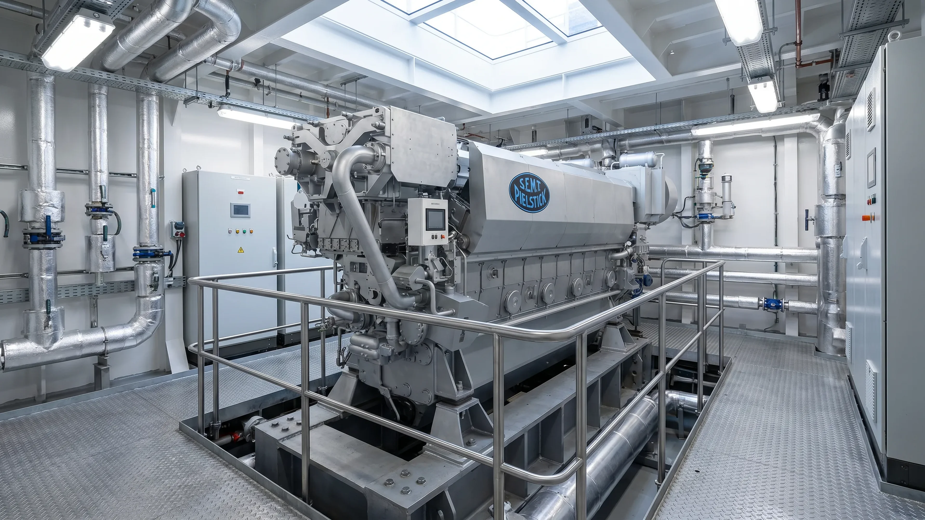 Pielstick two-stroke marine main engine installed in a ship engine room