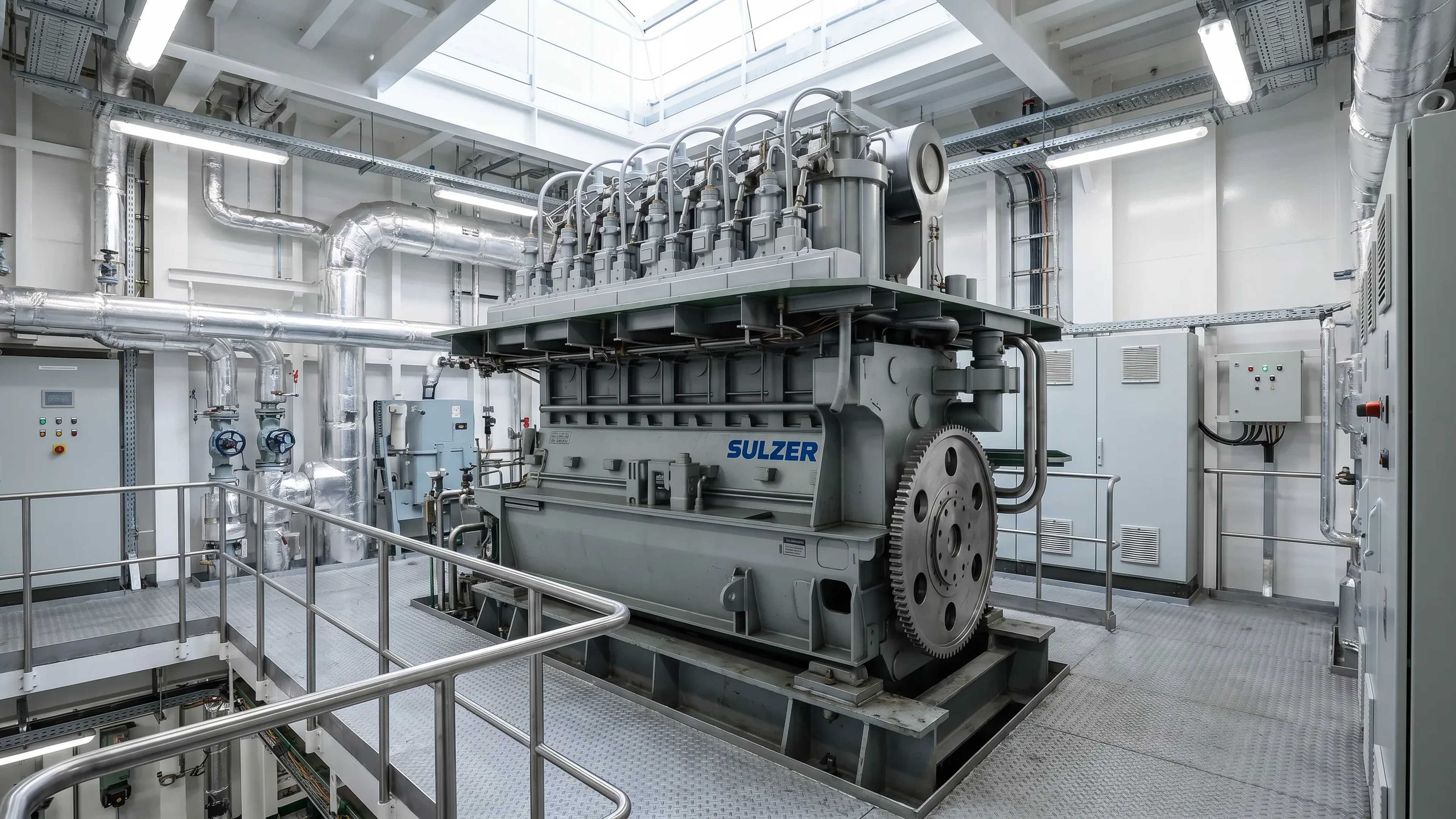 Sulzer two-stroke marine main engine installed in a ship engine room