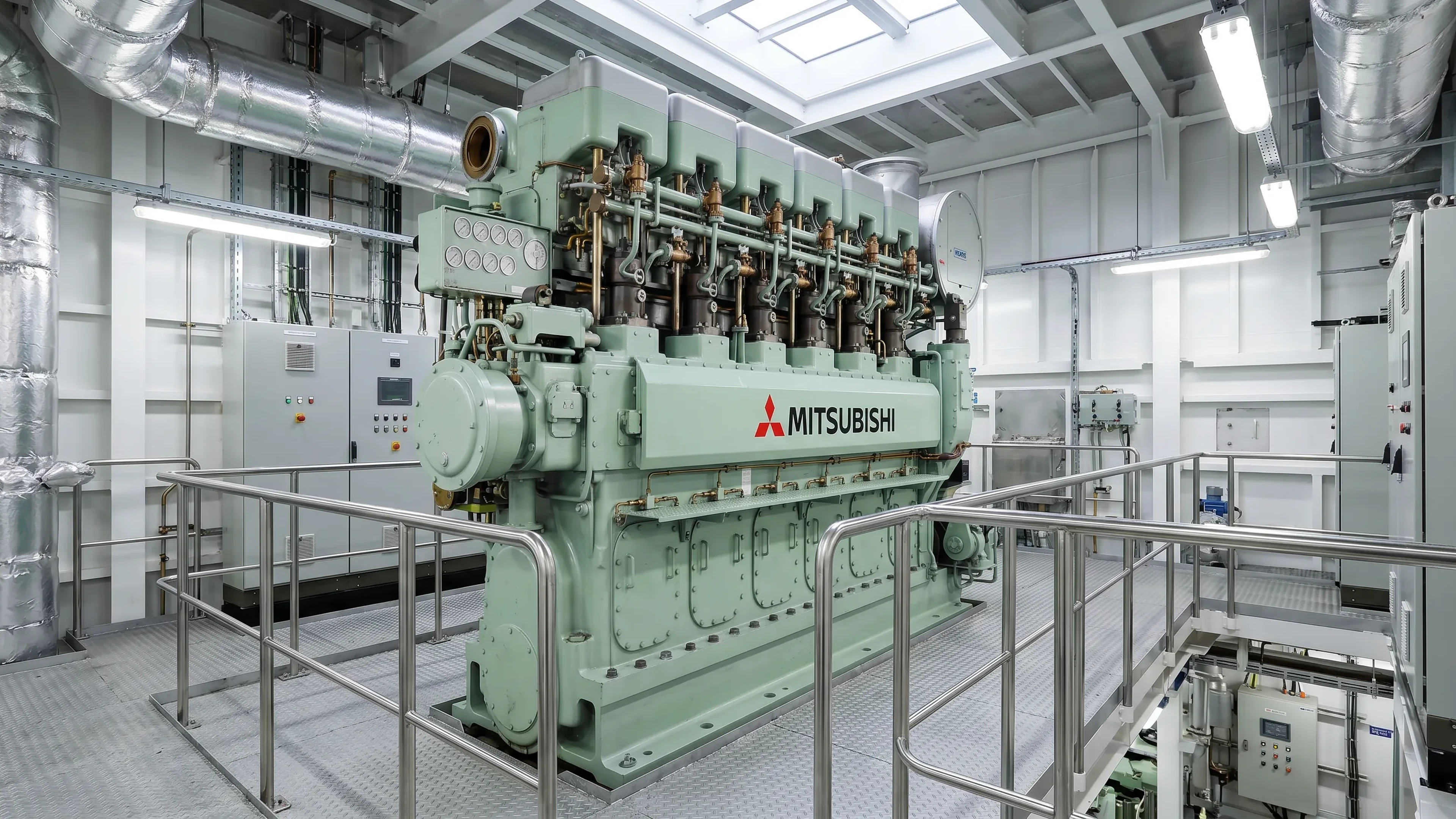 Mitsubishi UEC two-stroke marine main engine installed in a ship engine room