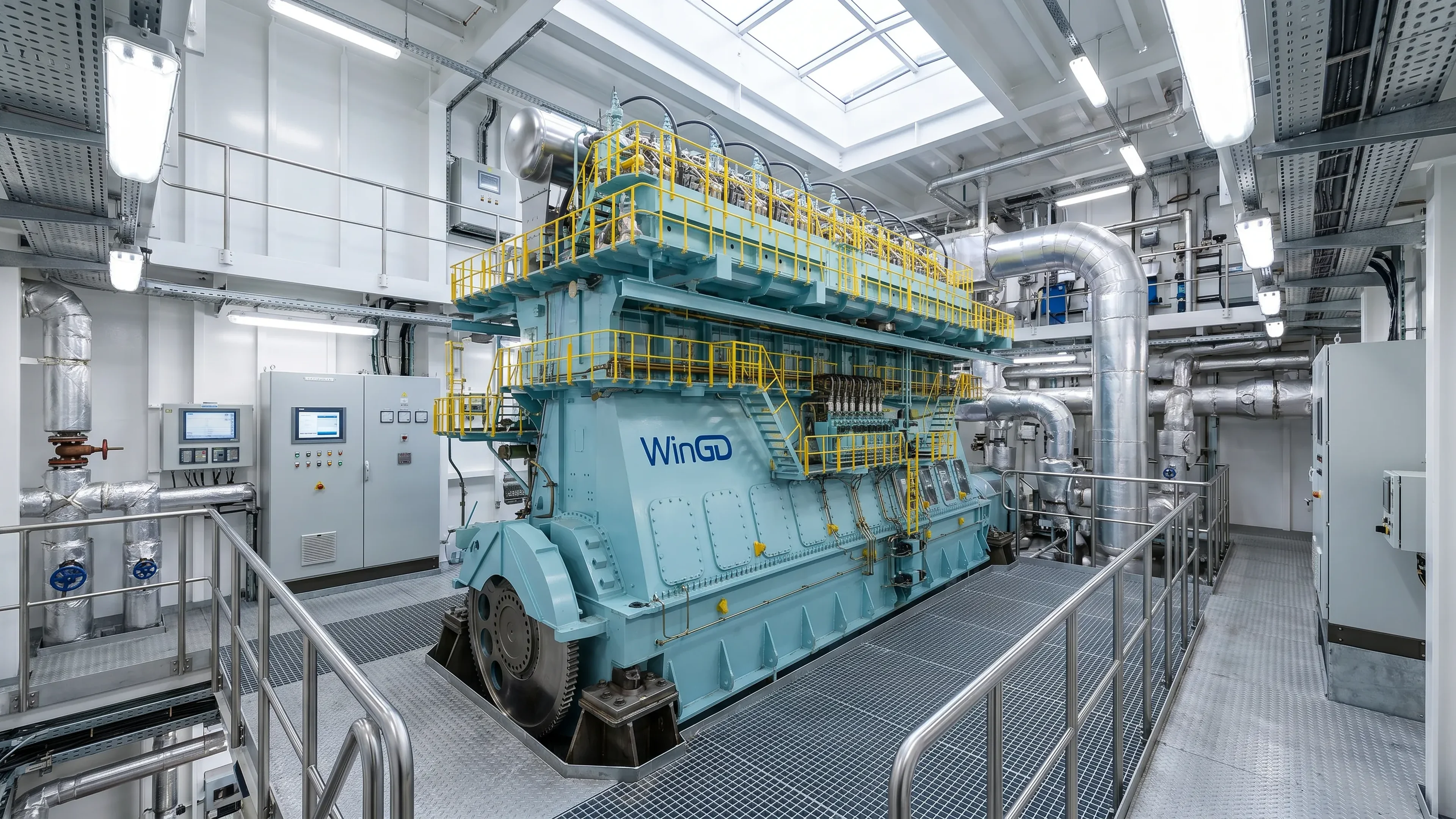 WinGD two-stroke marine main engine installed in a ship engine room