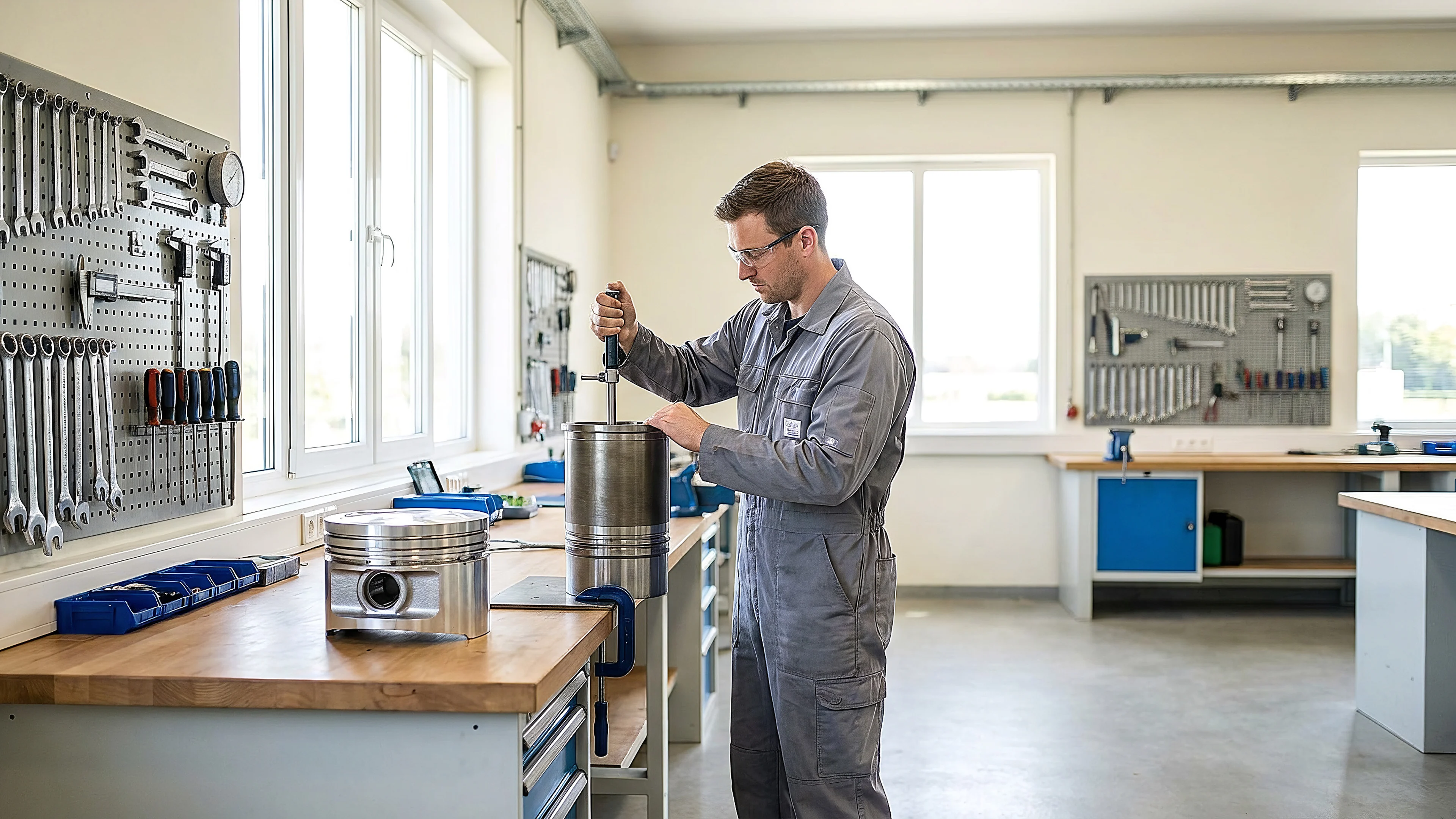 Marine part being measured with precision gauges in a reconditioning workshop
