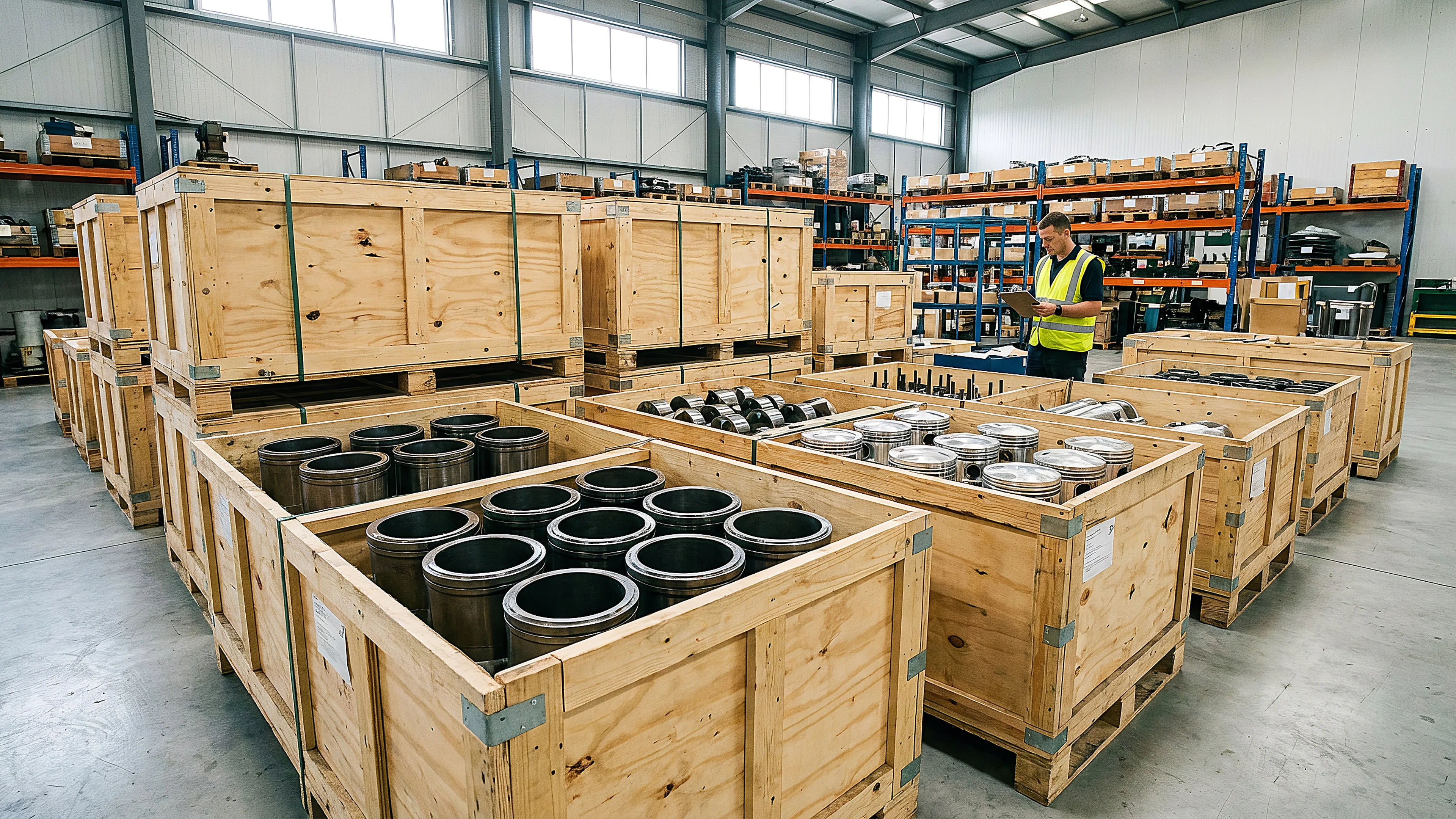 Reconditioned marine spare parts crated and labelled for global export in a warehouse